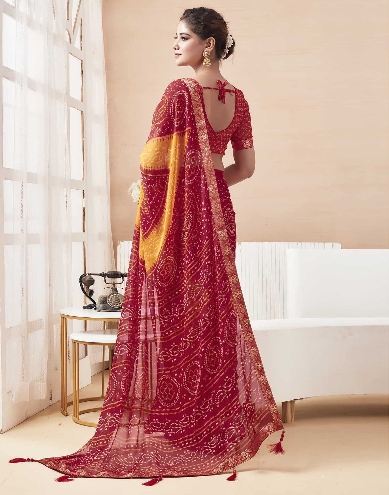 Red Bandhani Chiffon Saree