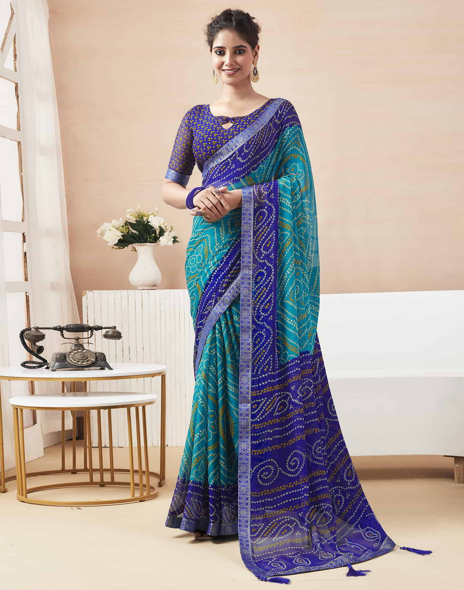 Blue Bandhani Chiffon Saree