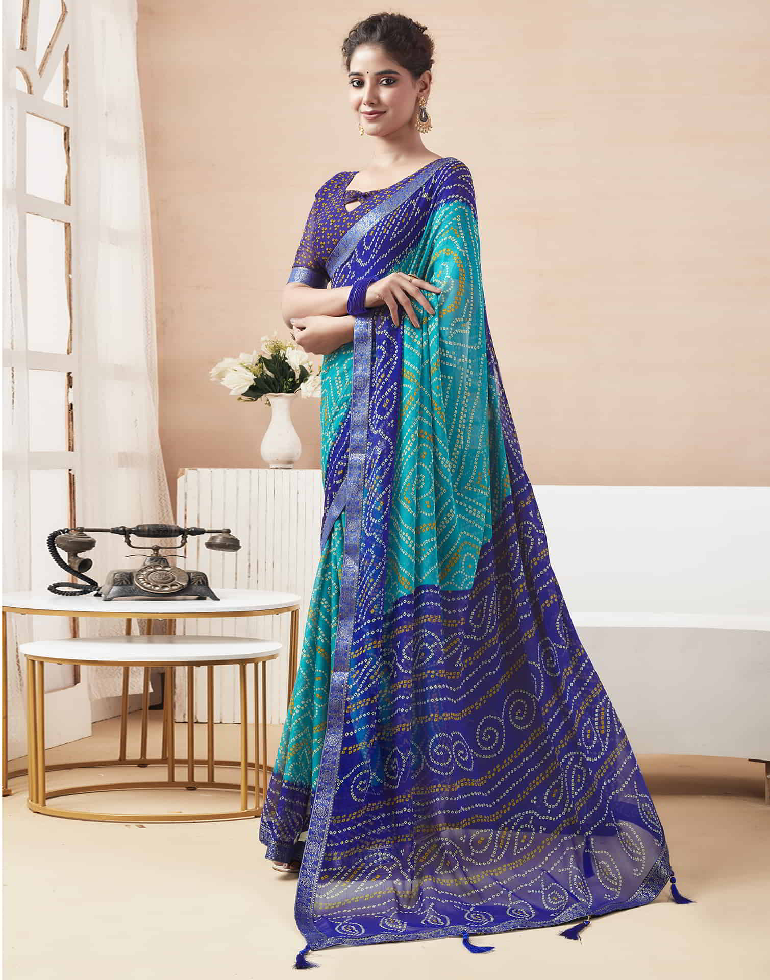 Blue Bandhani Chiffon Saree