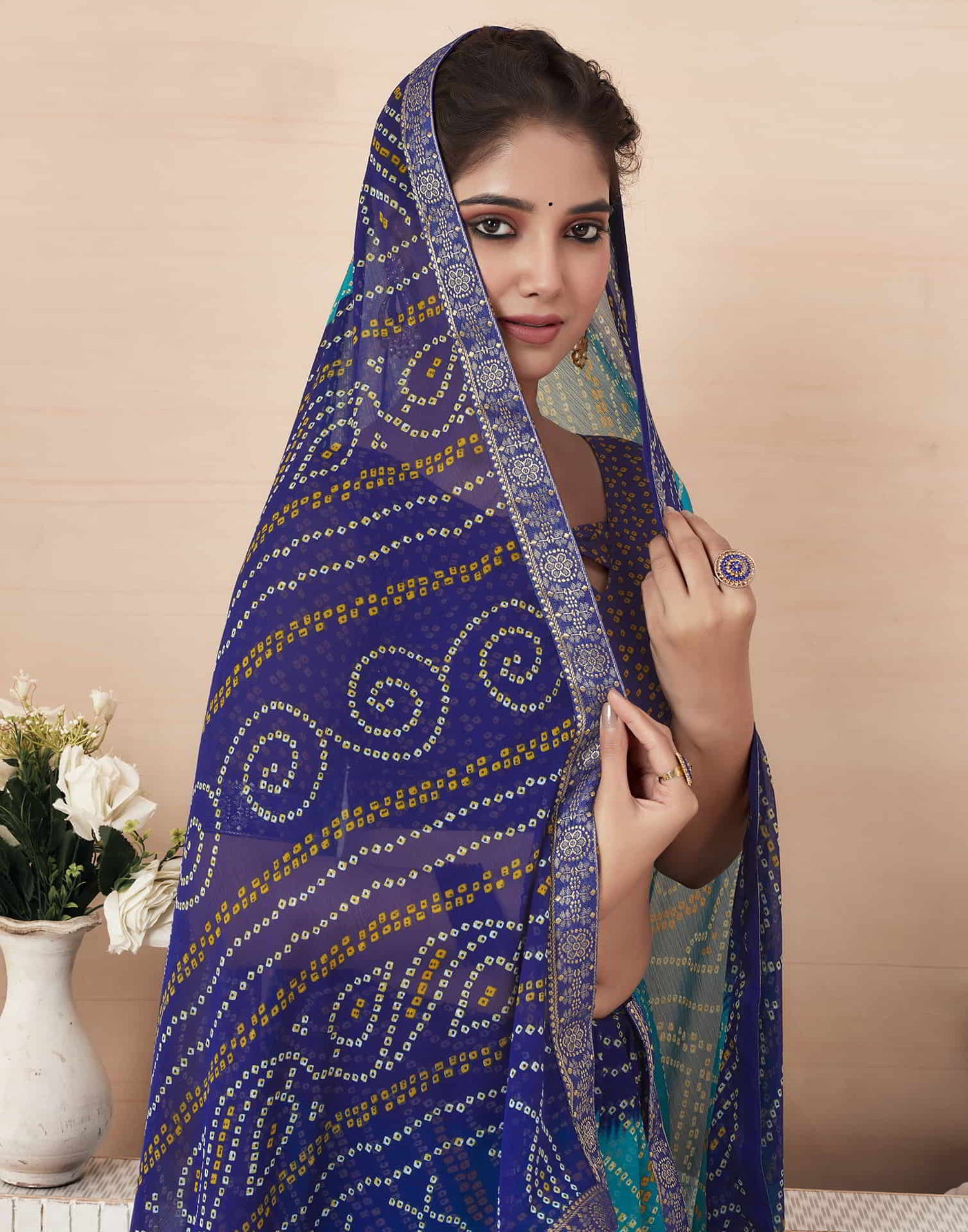 Blue Bandhani Chiffon Saree