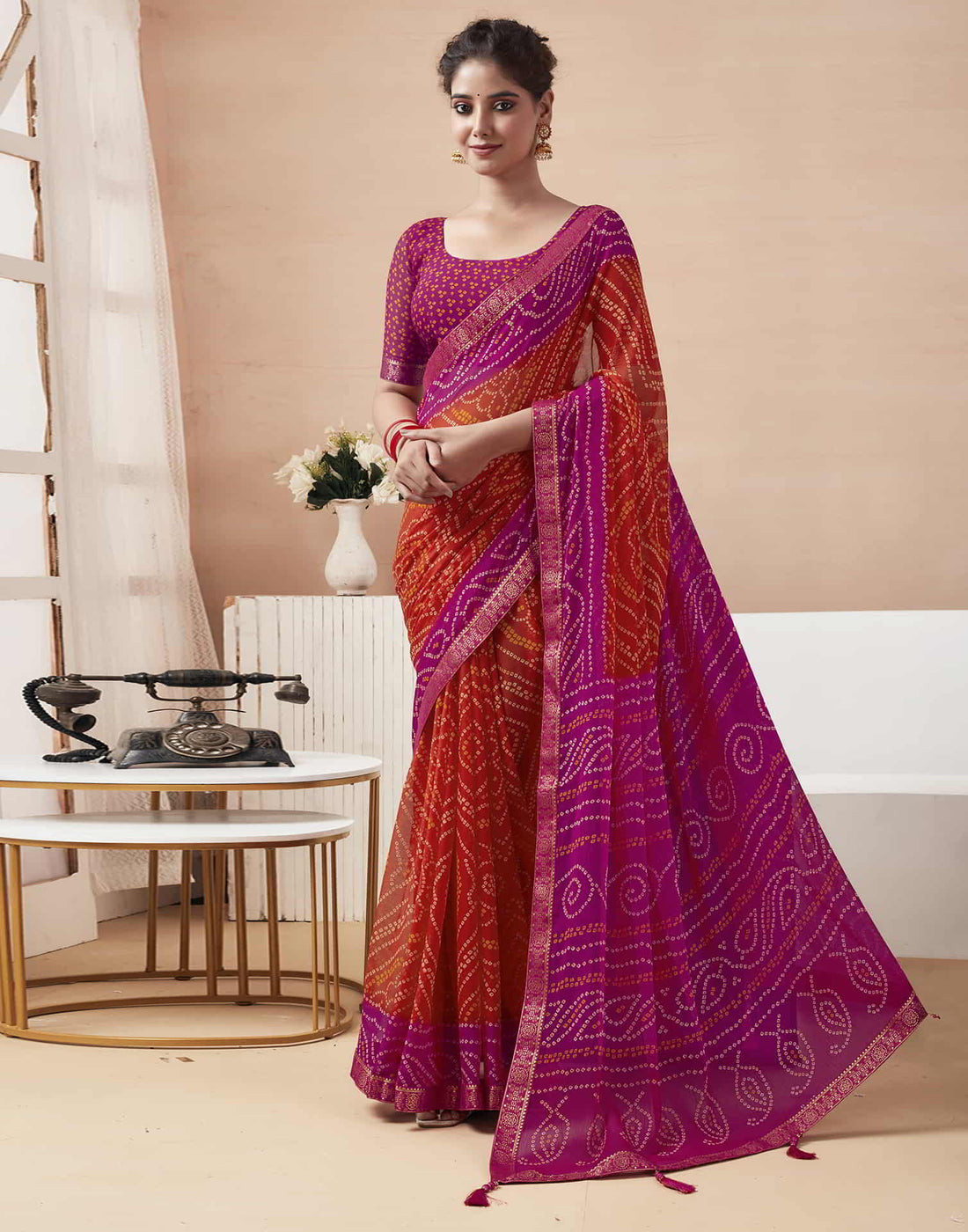 Magenta Bandhani Chiffon Saree