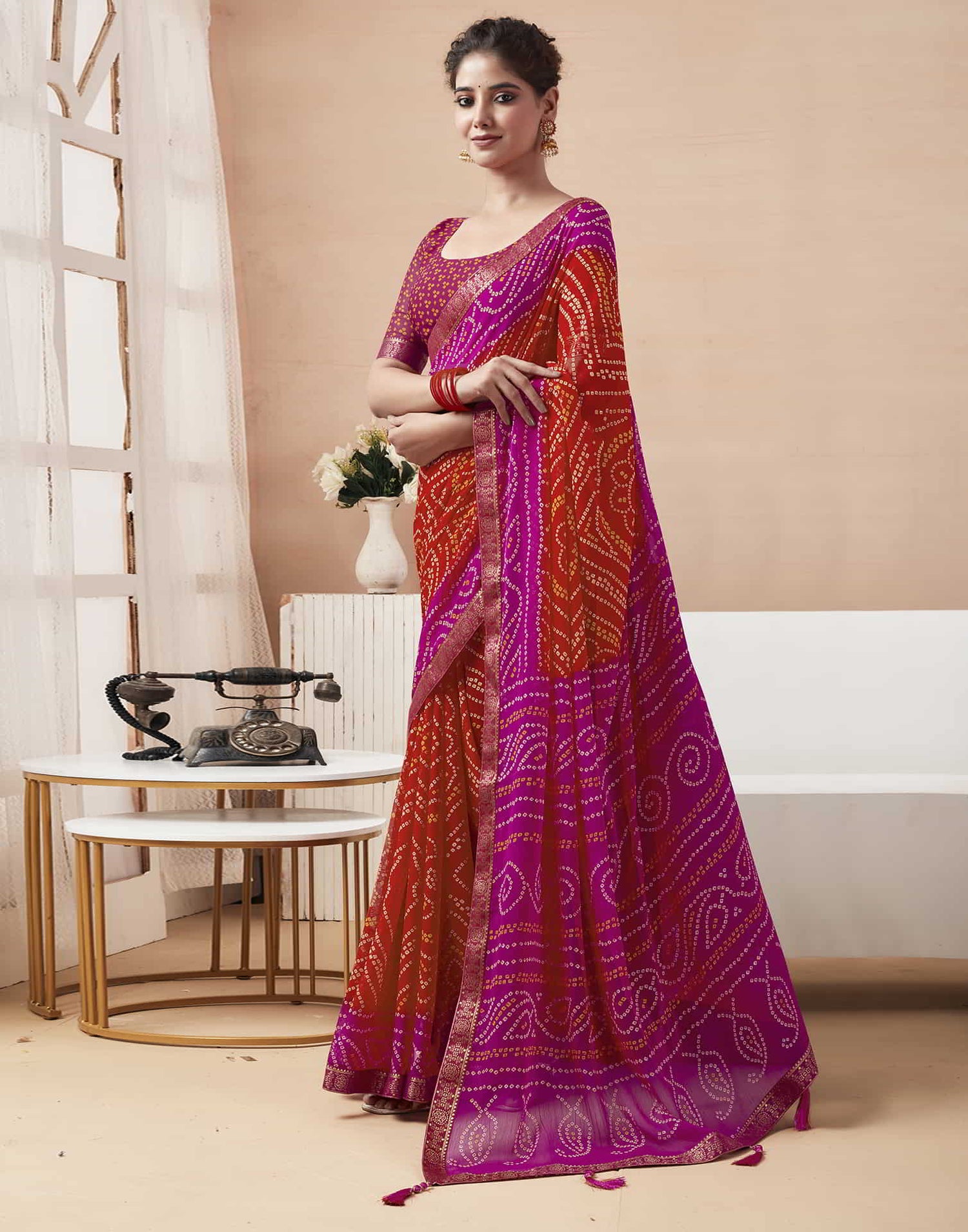 Magenta Bandhani Chiffon Saree