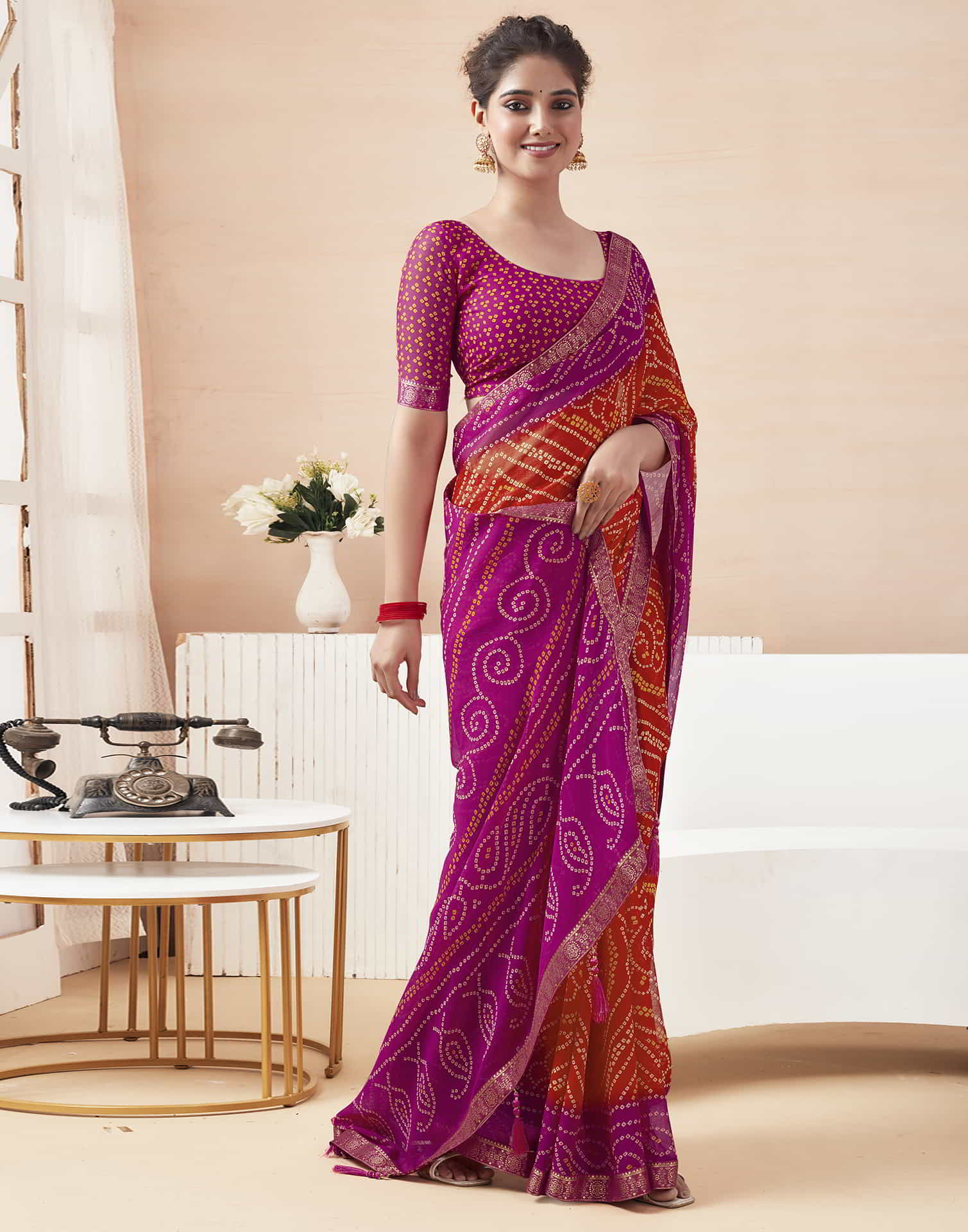 Magenta Bandhani Chiffon Saree