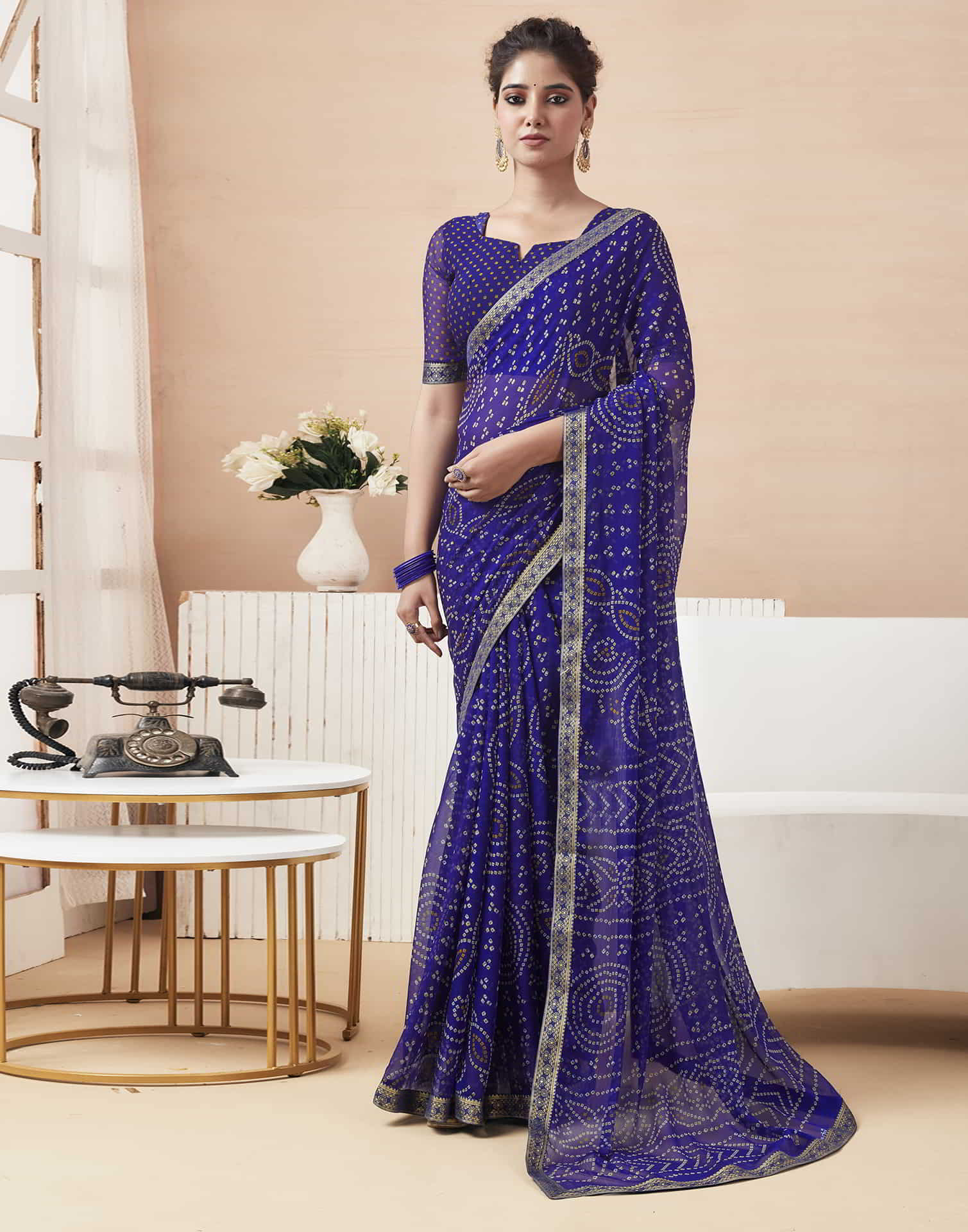 Blue Bandhani Chiffon Saree