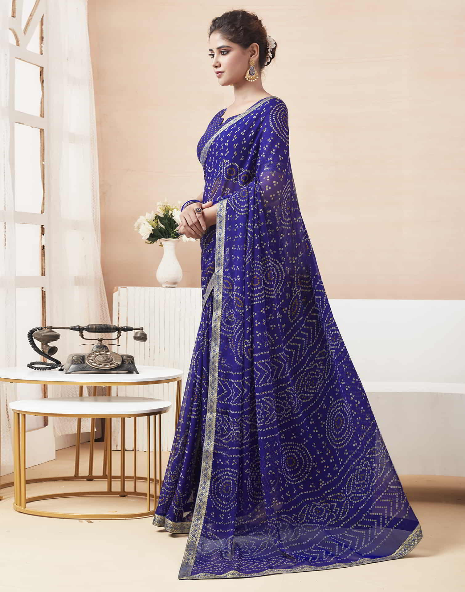 Blue Bandhani Chiffon Saree