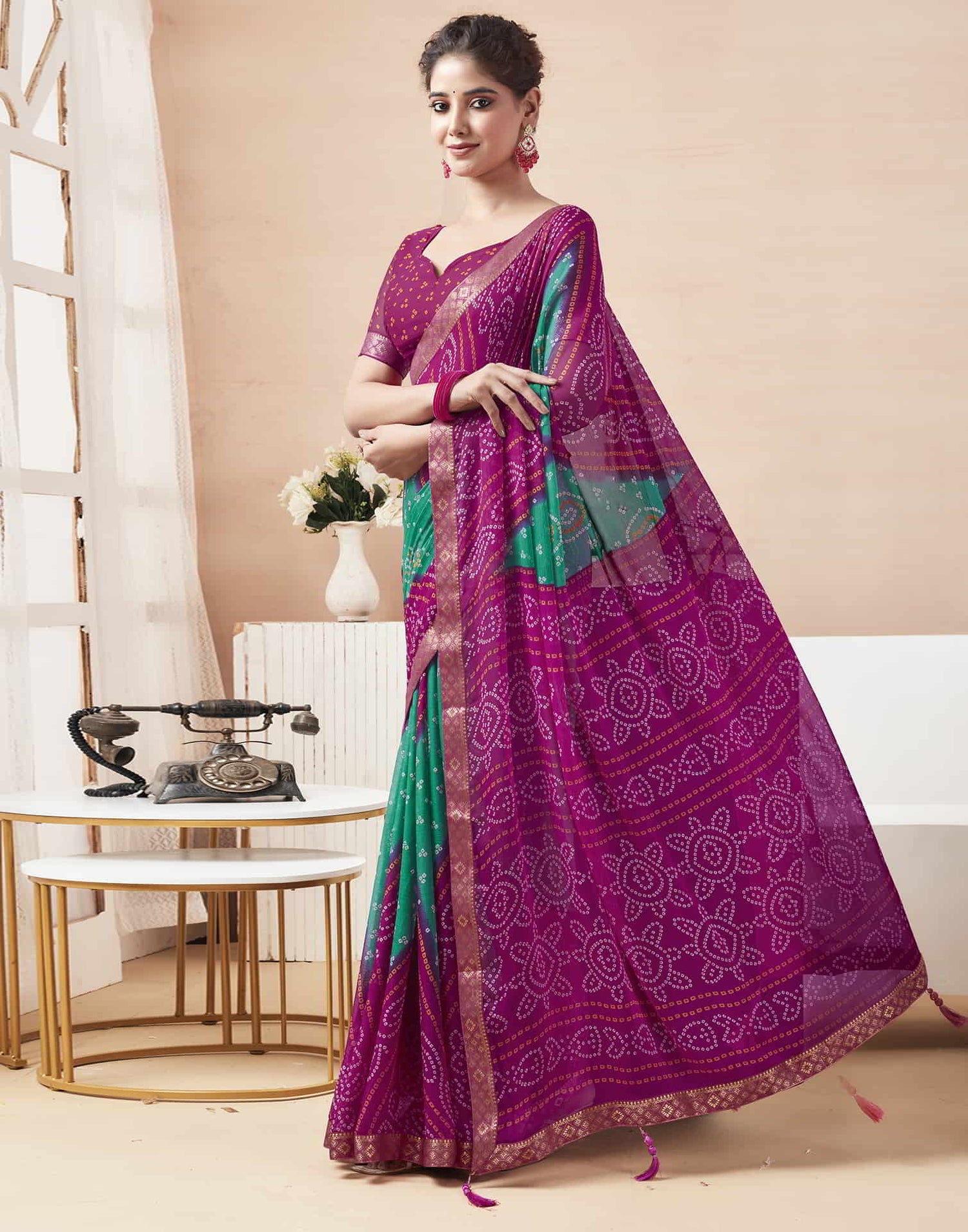 Magenta Bandhani Chiffon Saree