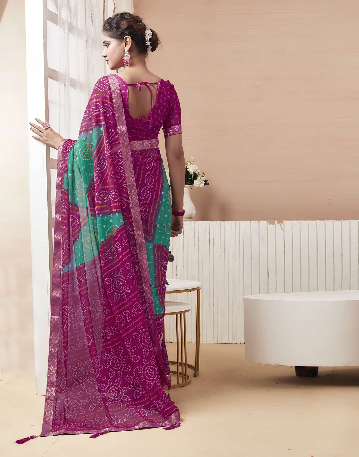 Magenta Bandhani Chiffon Saree