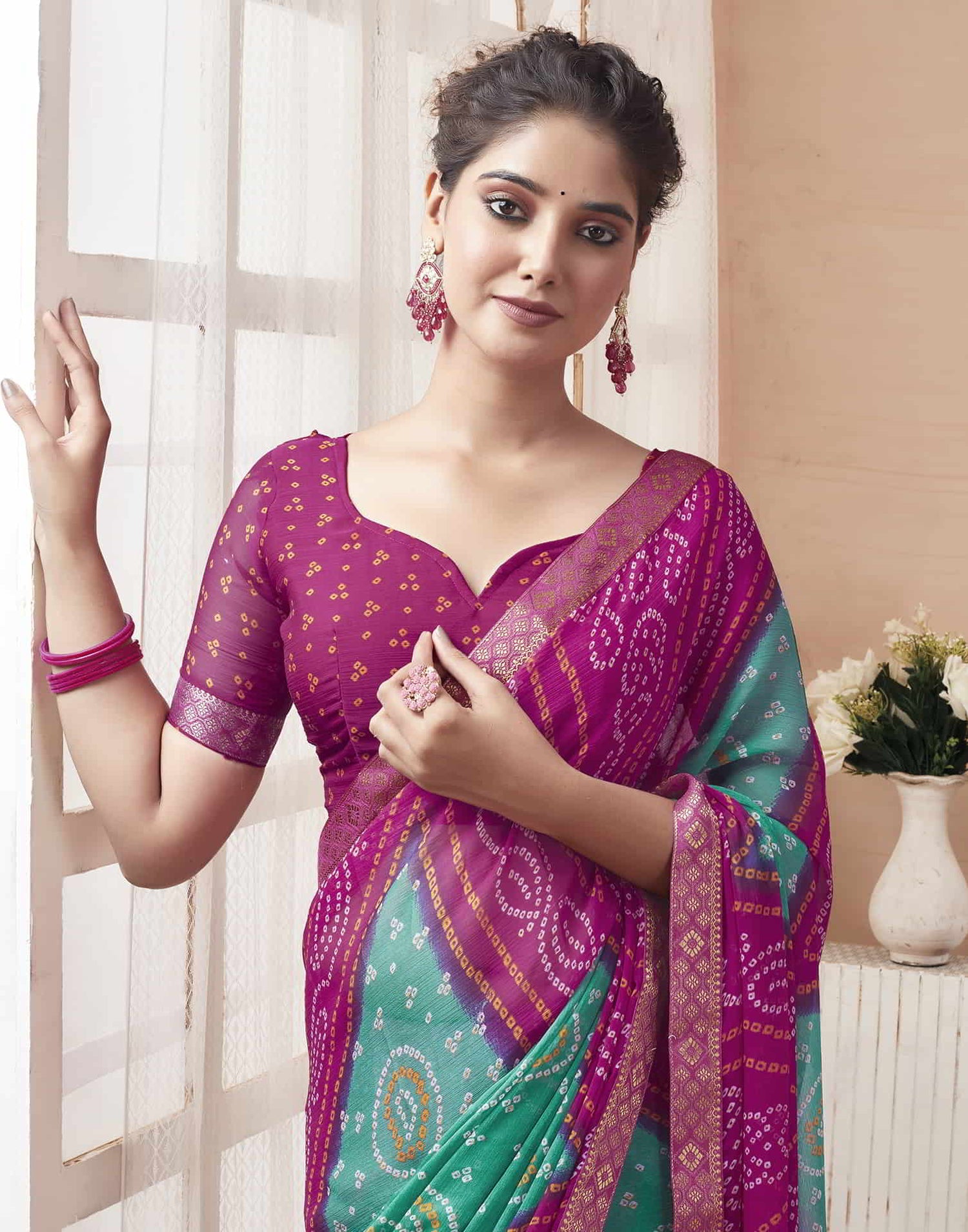 Magenta Bandhani Chiffon Saree