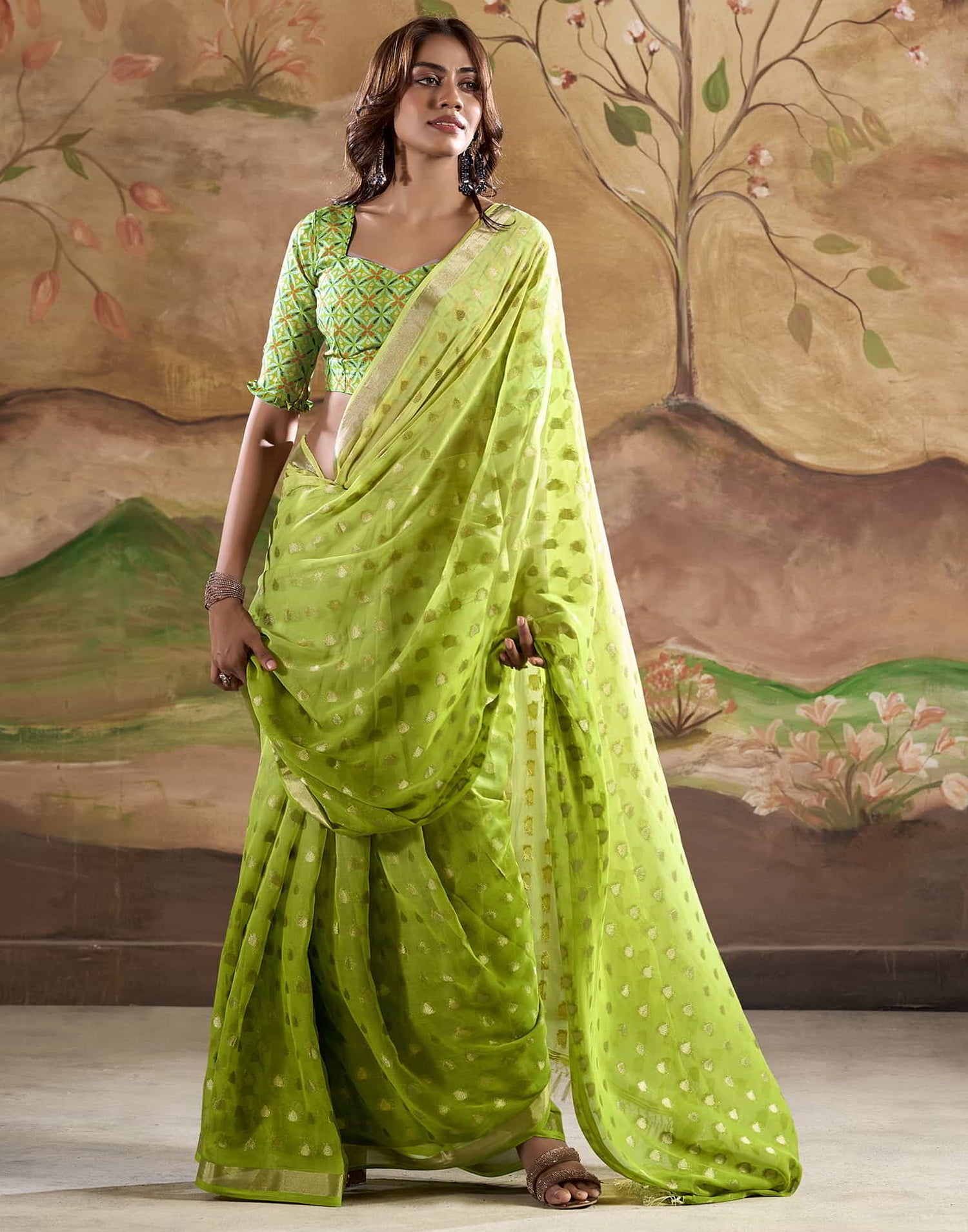 Green Banarasi Georgette Woven Saree