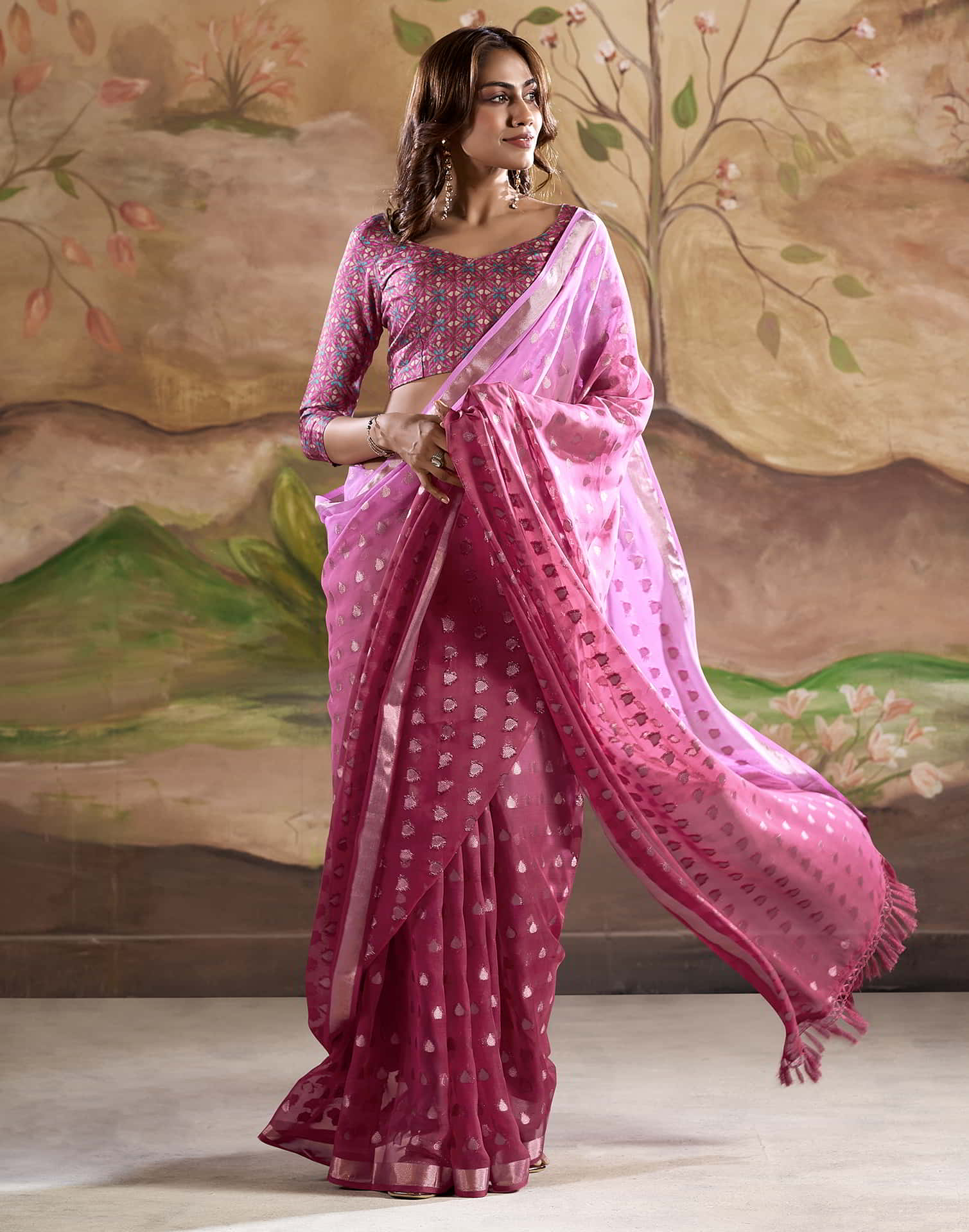 Pink Banarasi Georgette Woven Saree