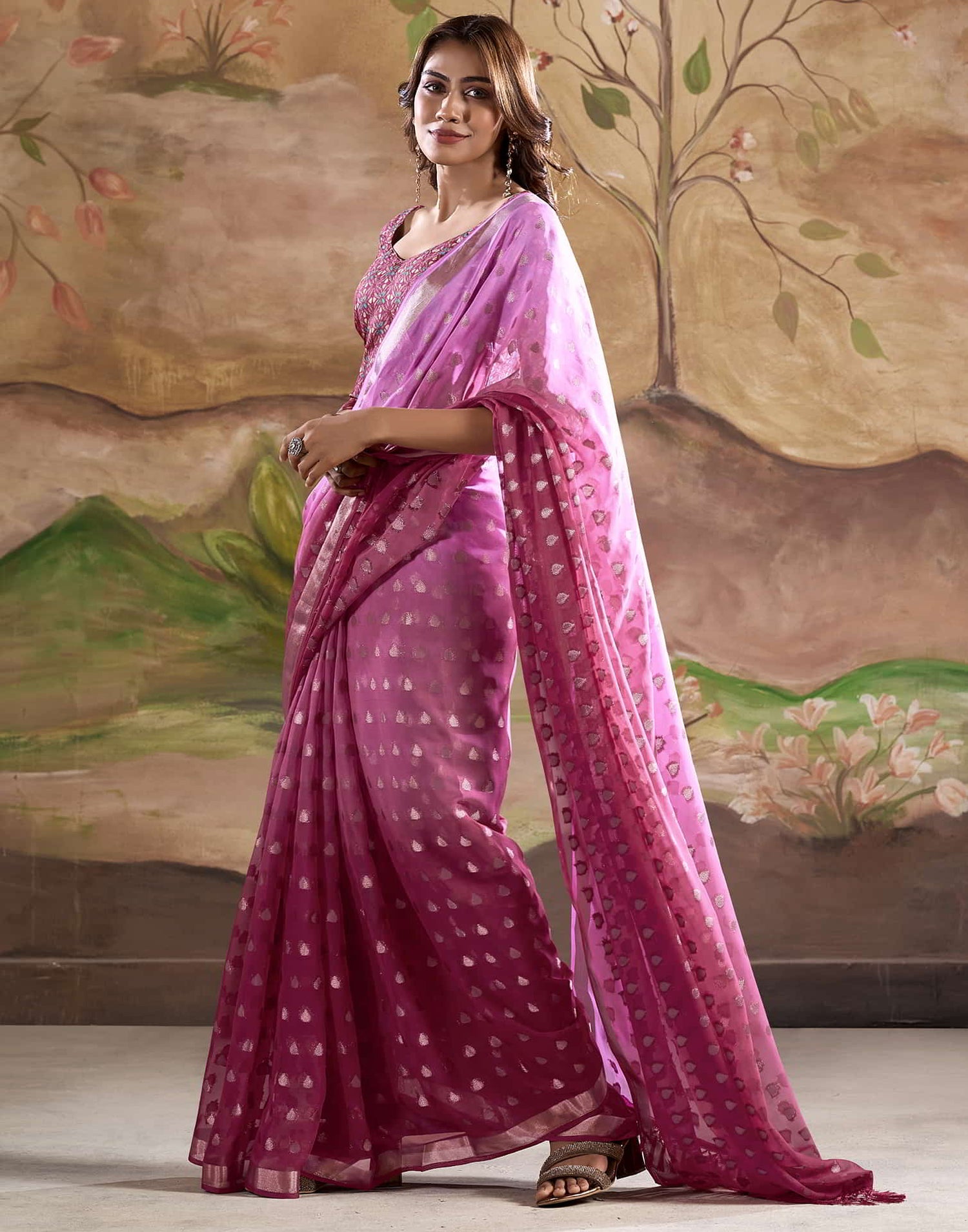 Pink Banarasi Georgette Woven Saree