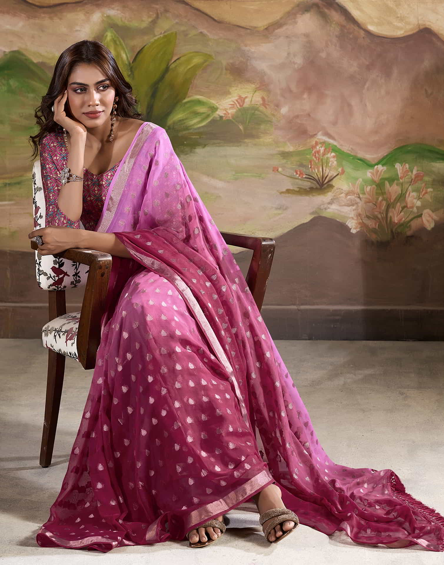 Pink Banarasi Georgette Woven Saree