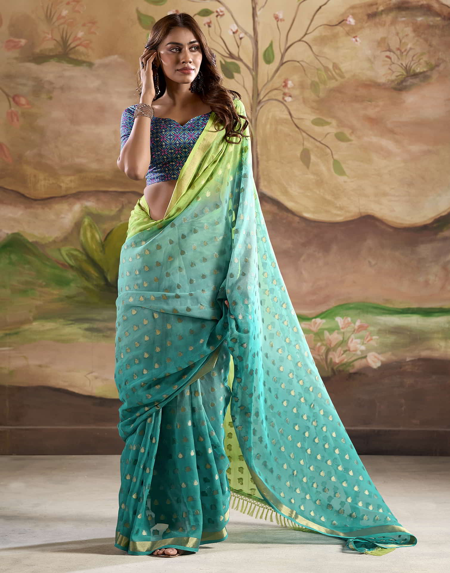 Turquoise Banarasi Georgette Woven Saree