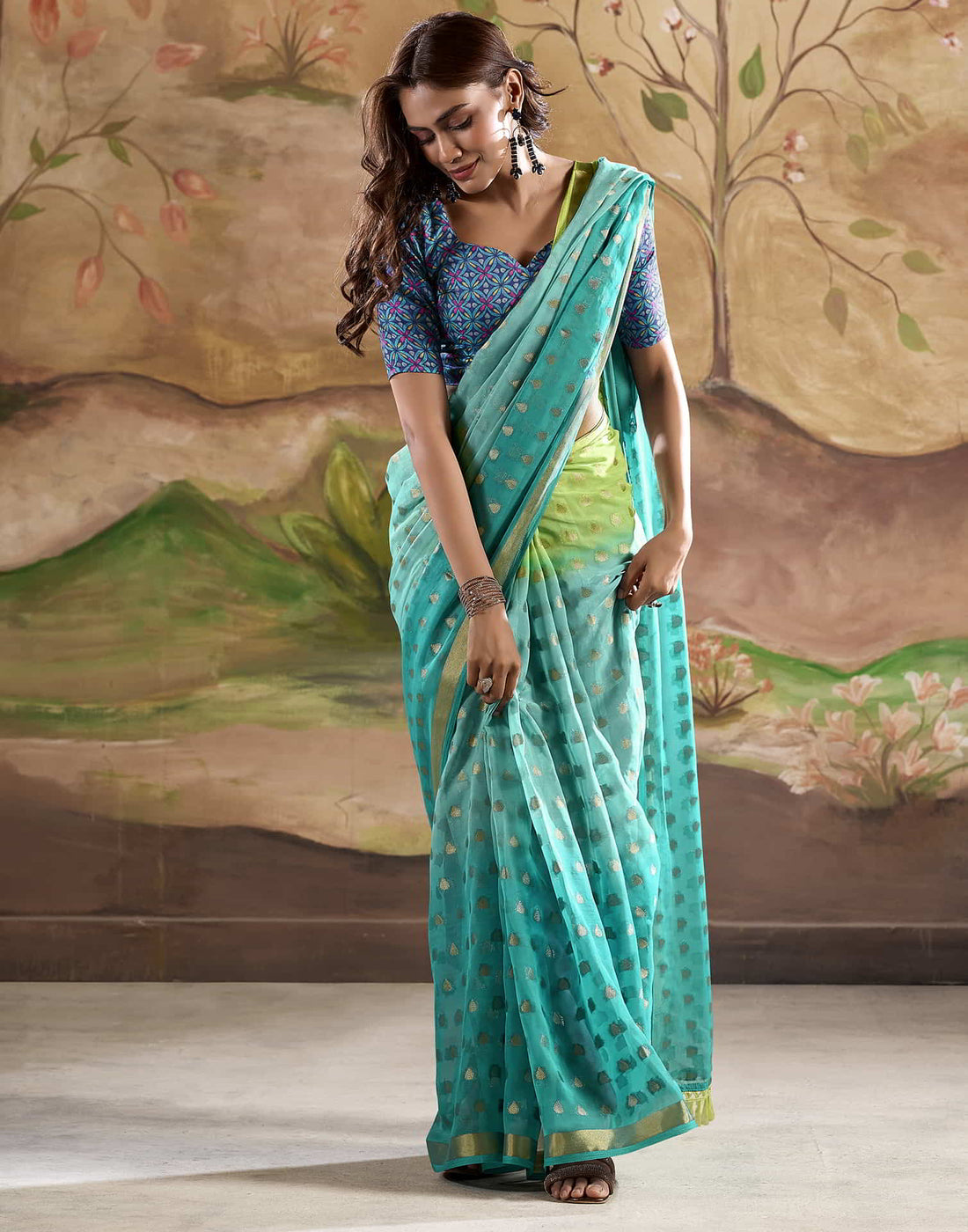 Turquoise Banarasi Georgette Woven Saree