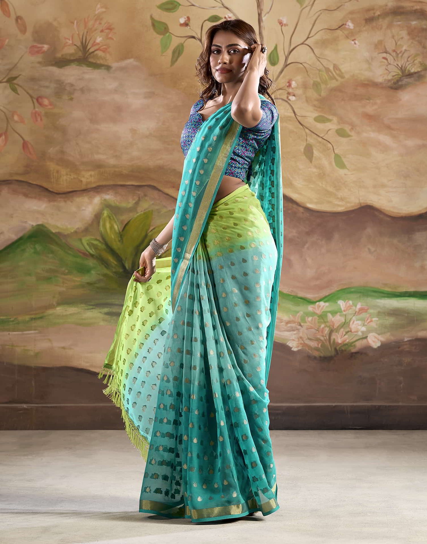 Turquoise Banarasi Georgette Woven Saree