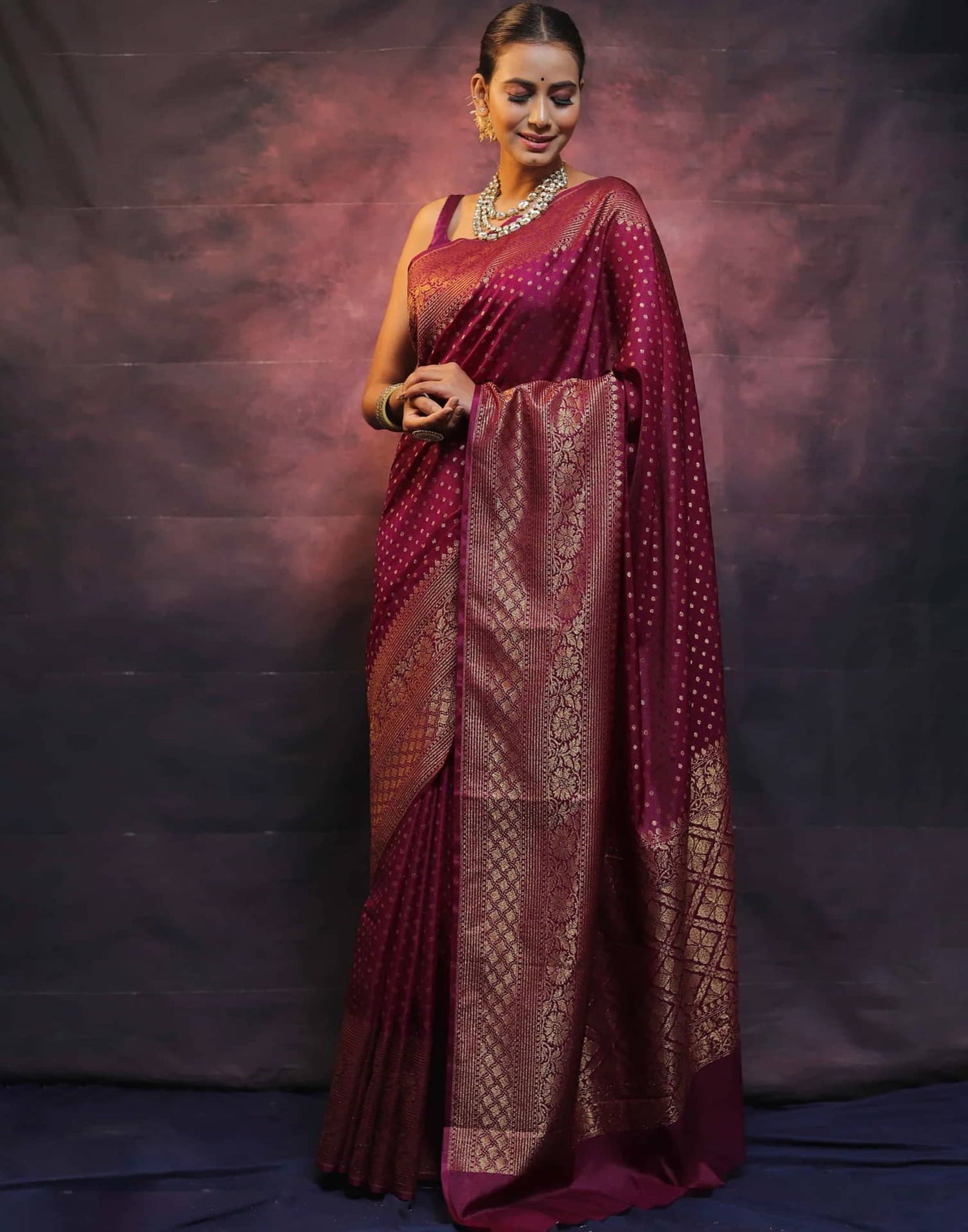 Wine Banarasi Silk Woven Saree