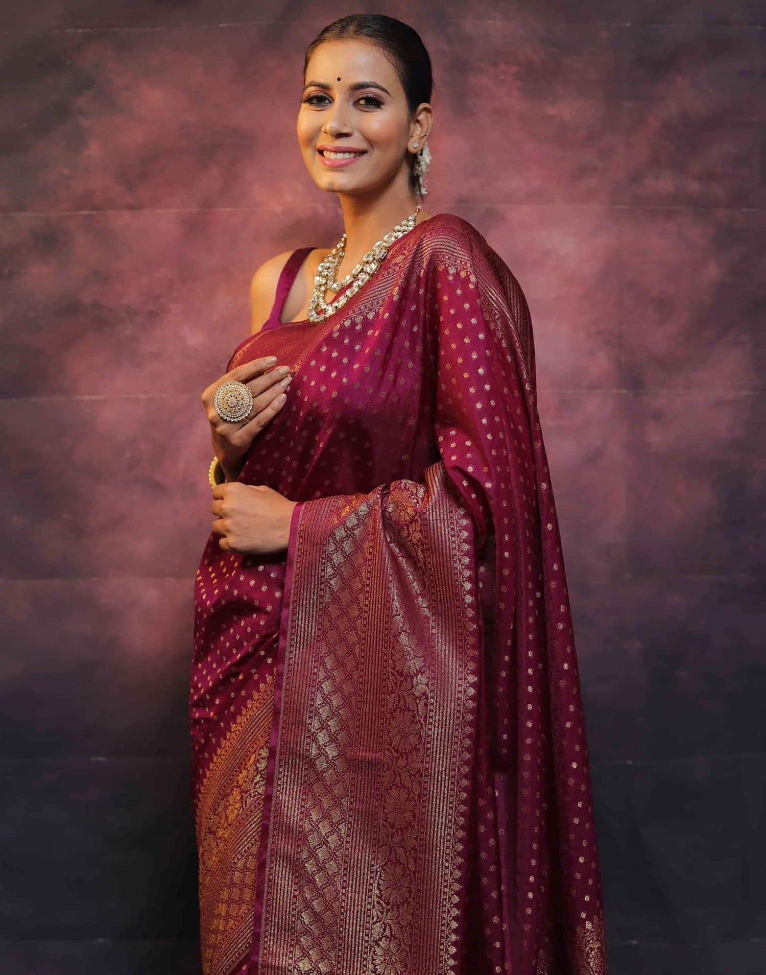 Wine Banarasi Silk Woven Saree