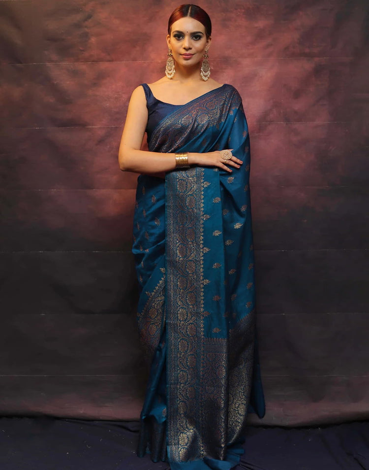 Sea Blue Silk Woven Banarasi Saree