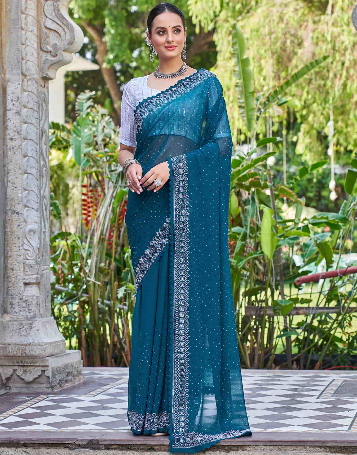 Blue Swarovski Georgette Stone Work Saree