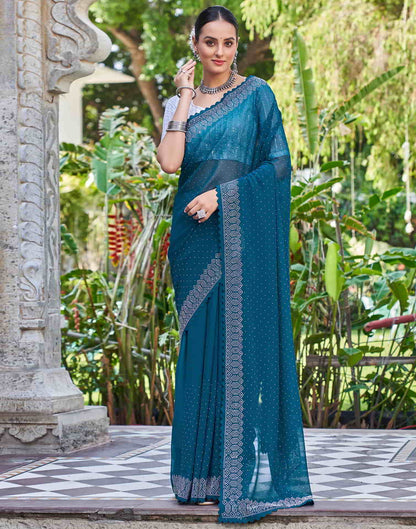 Blue Swarovski Georgette Stone Work Saree