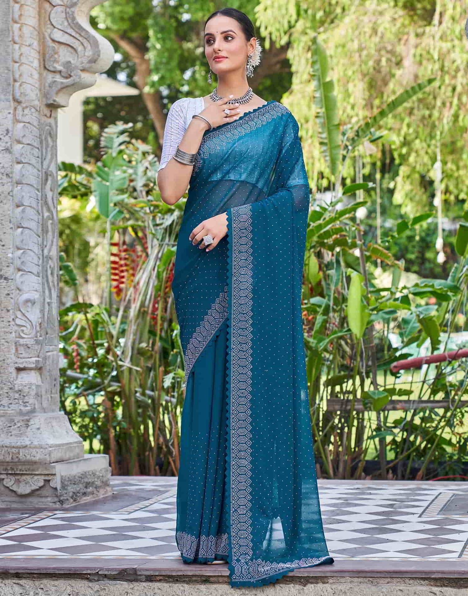 Blue Swarovski Georgette Stone Work Saree