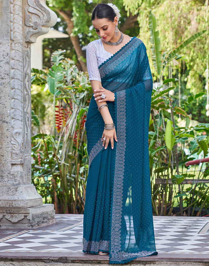 Blue Swarovski Georgette Stone Work Saree