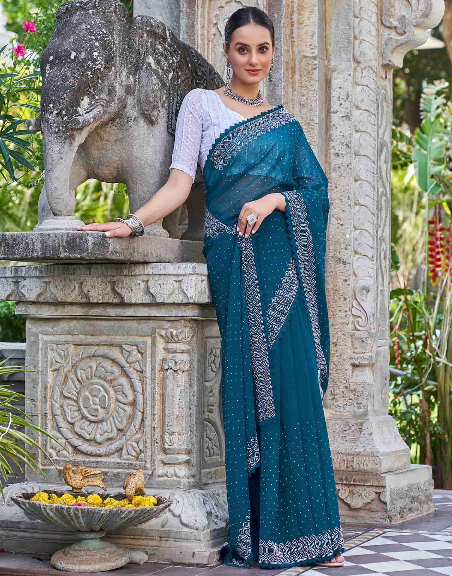 Blue Swarovski Georgette Stone Work Saree