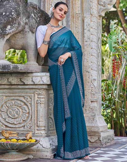 Blue Swarovski Georgette Stone Work Saree