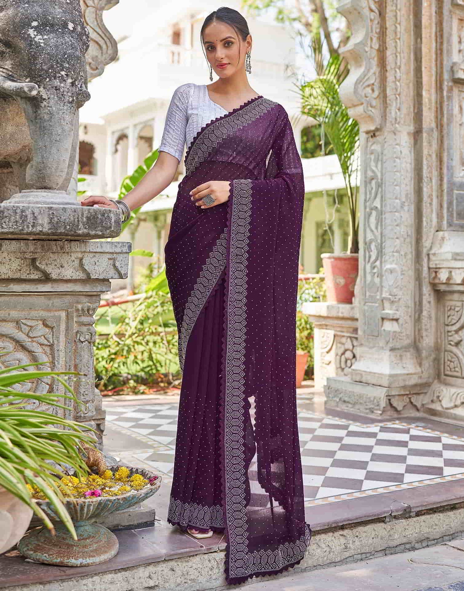 Wine Swarovski Georgette Stone Work Saree