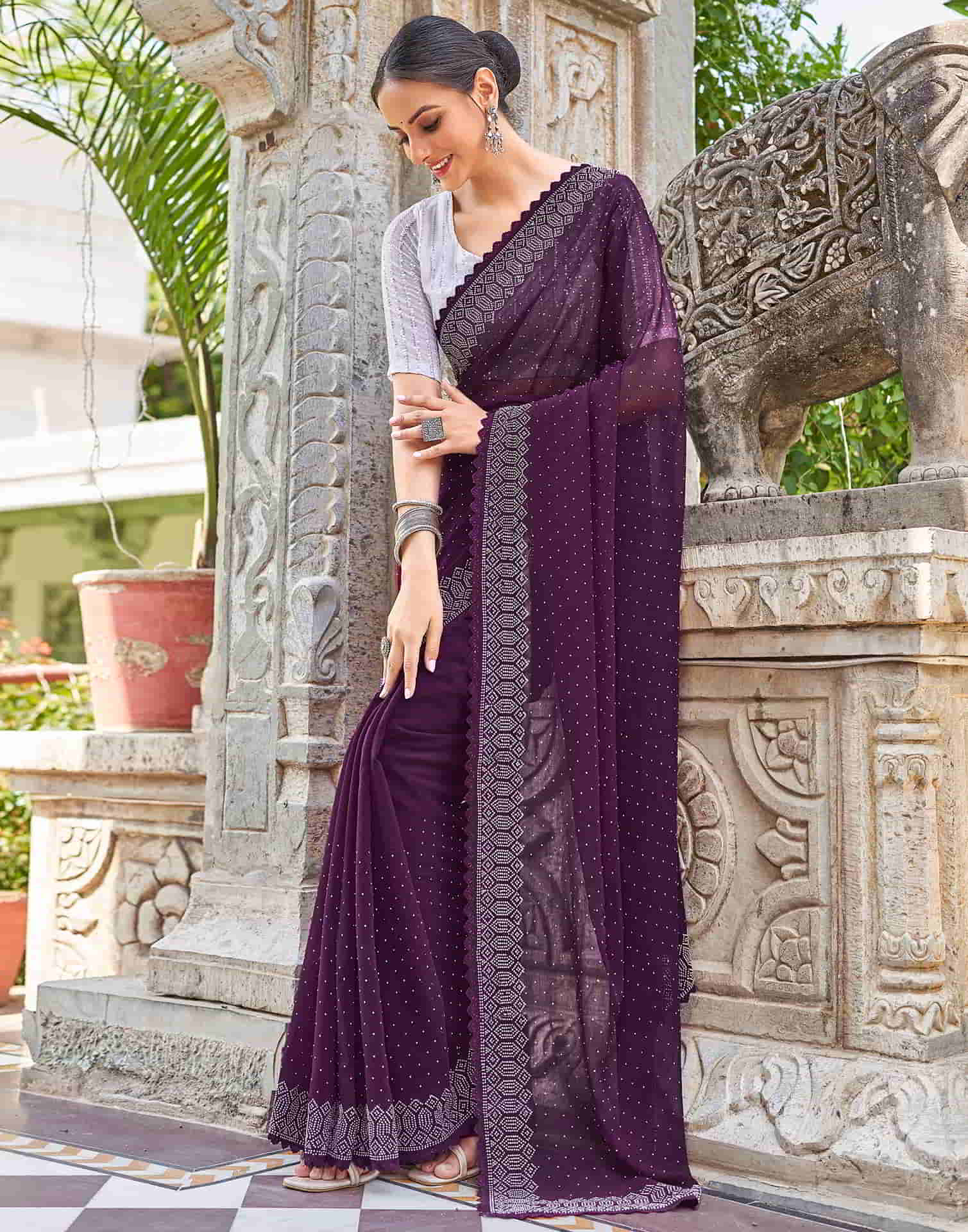 Wine Swarovski Georgette Stone Work Saree