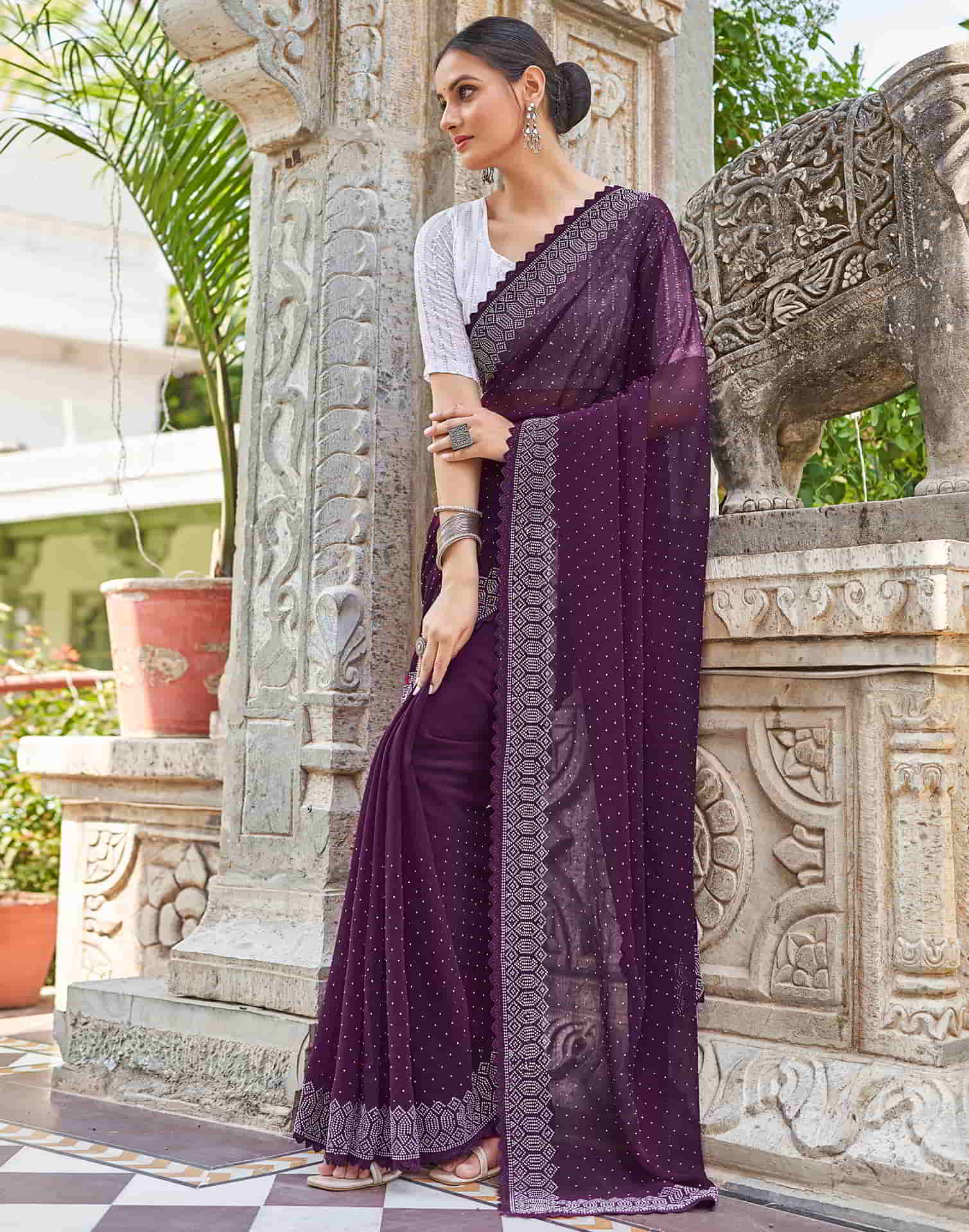 Wine Swarovski Georgette Stone Work Saree