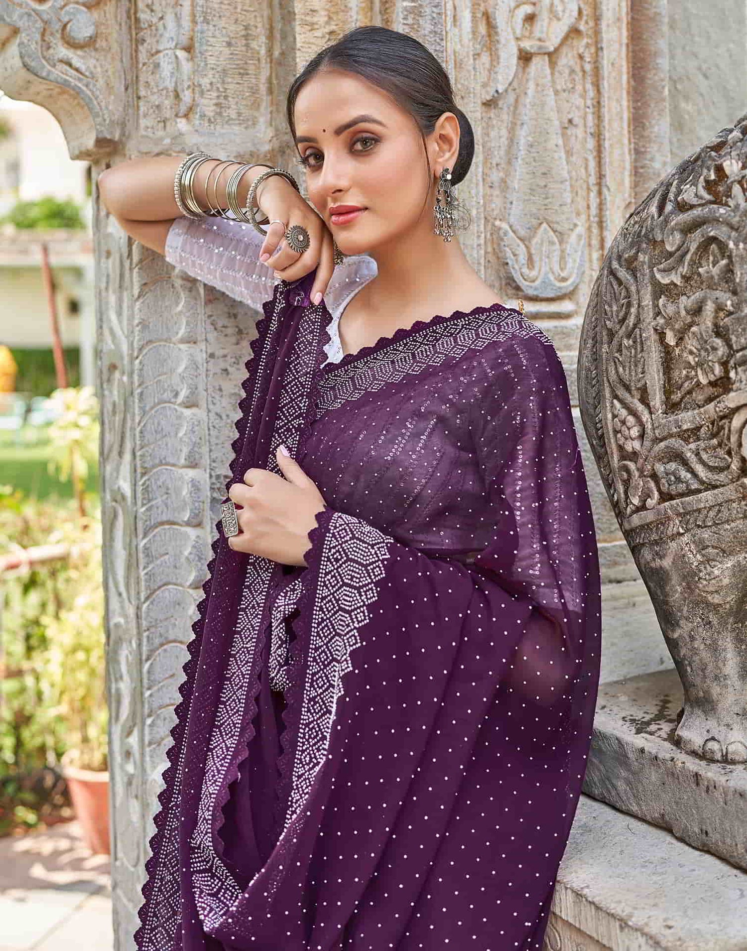 Wine Swarovski Georgette Stone Work Saree