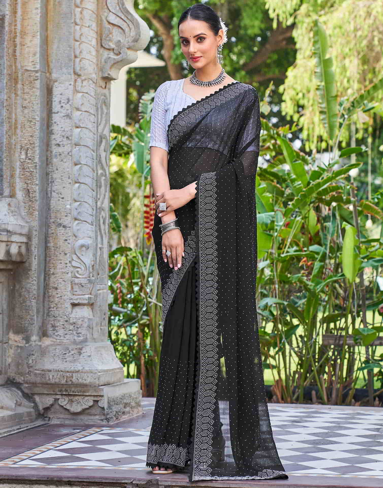 Black Swarovski Georgette Stone Work Saree