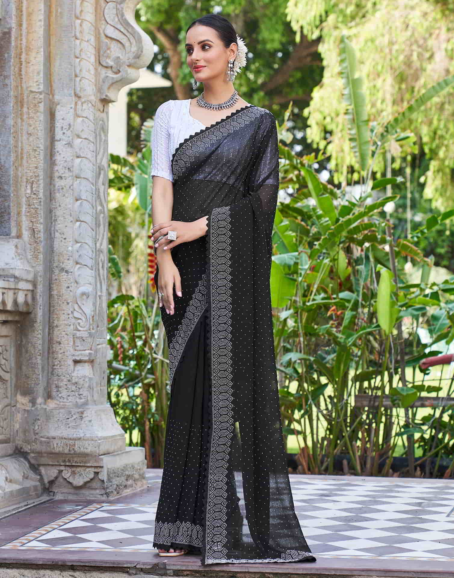 Black Swarovski Georgette Stone Work Saree