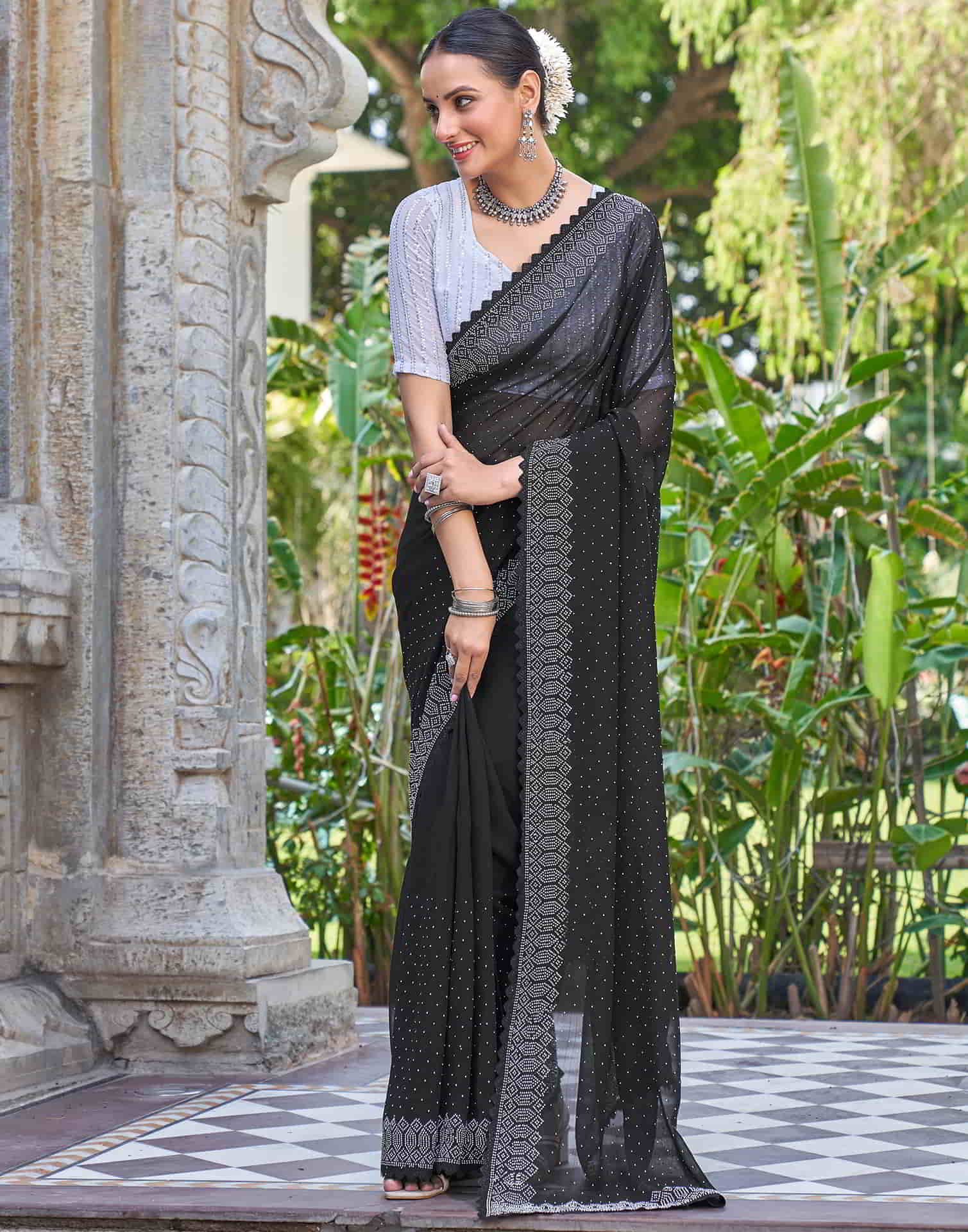 Black Swarovski Georgette Stone Work Saree