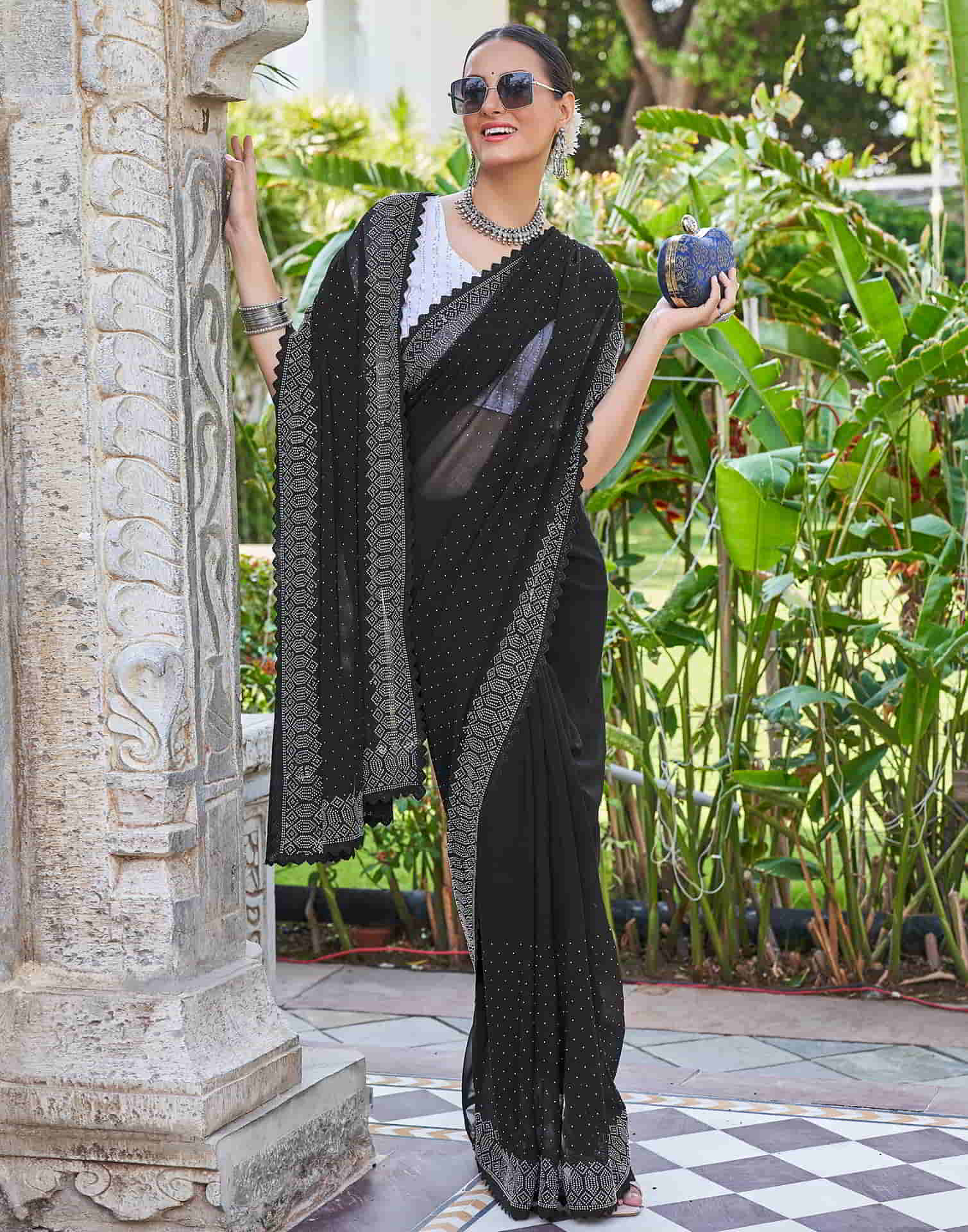 Black Swarovski Georgette Stone Work Saree