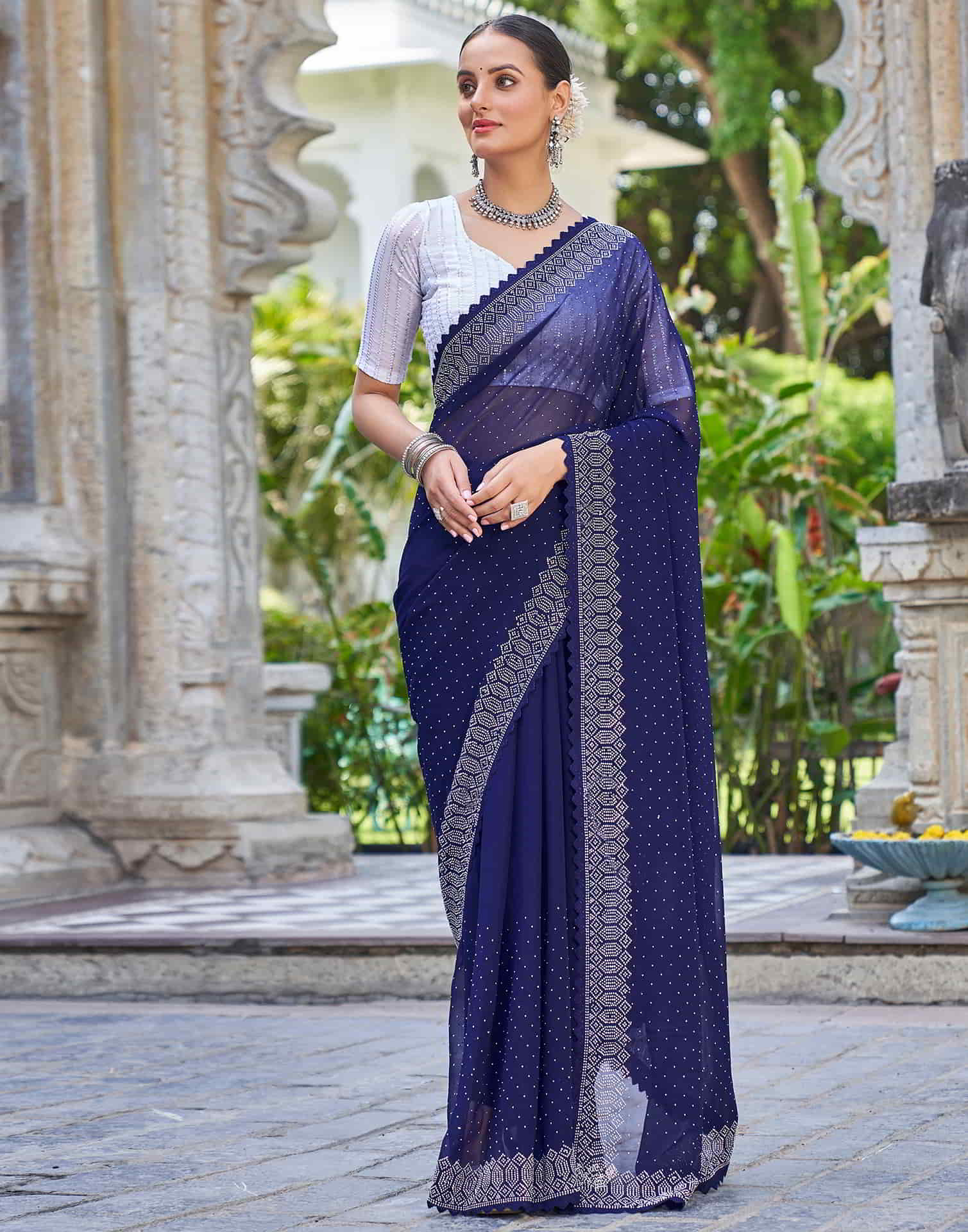 Blue Swarovski Georgette Stone Work Saree