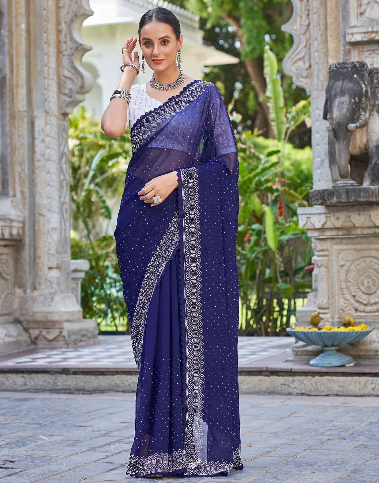 Blue Swarovski Georgette Stone Work Saree