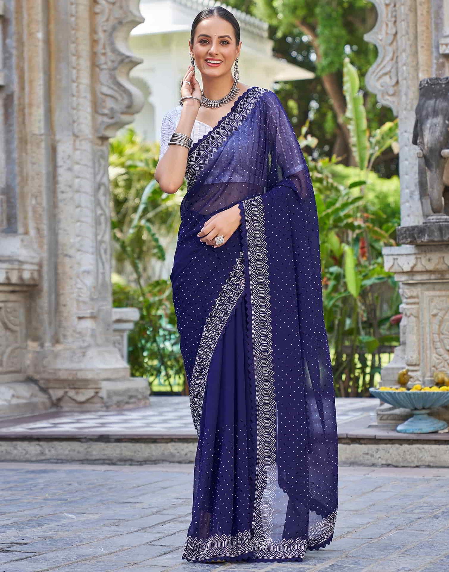 Blue Swarovski Georgette Stone Work Saree