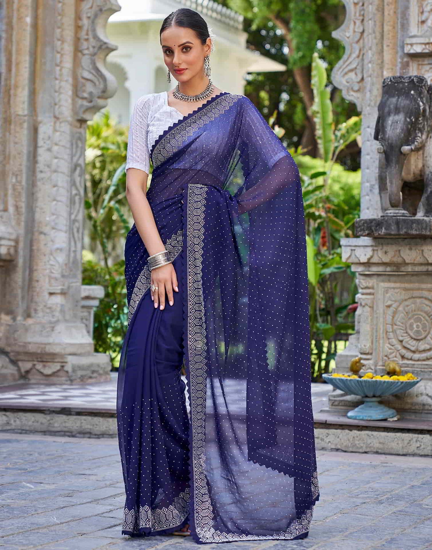 Blue Swarovski Georgette Stone Work Saree