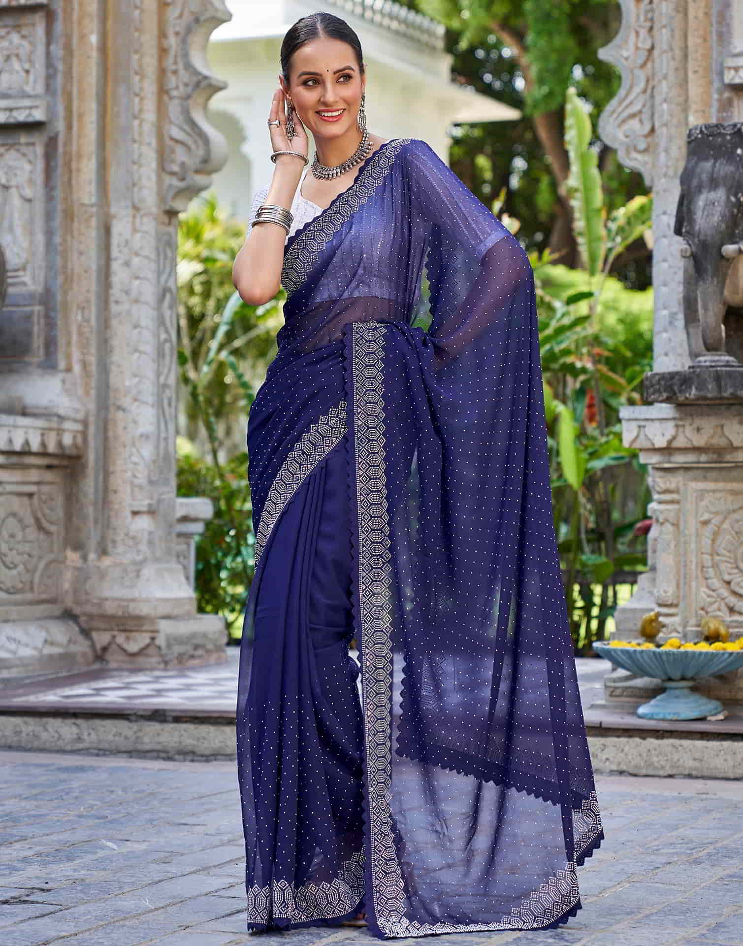 Blue Swarovski Georgette Stone Work Saree