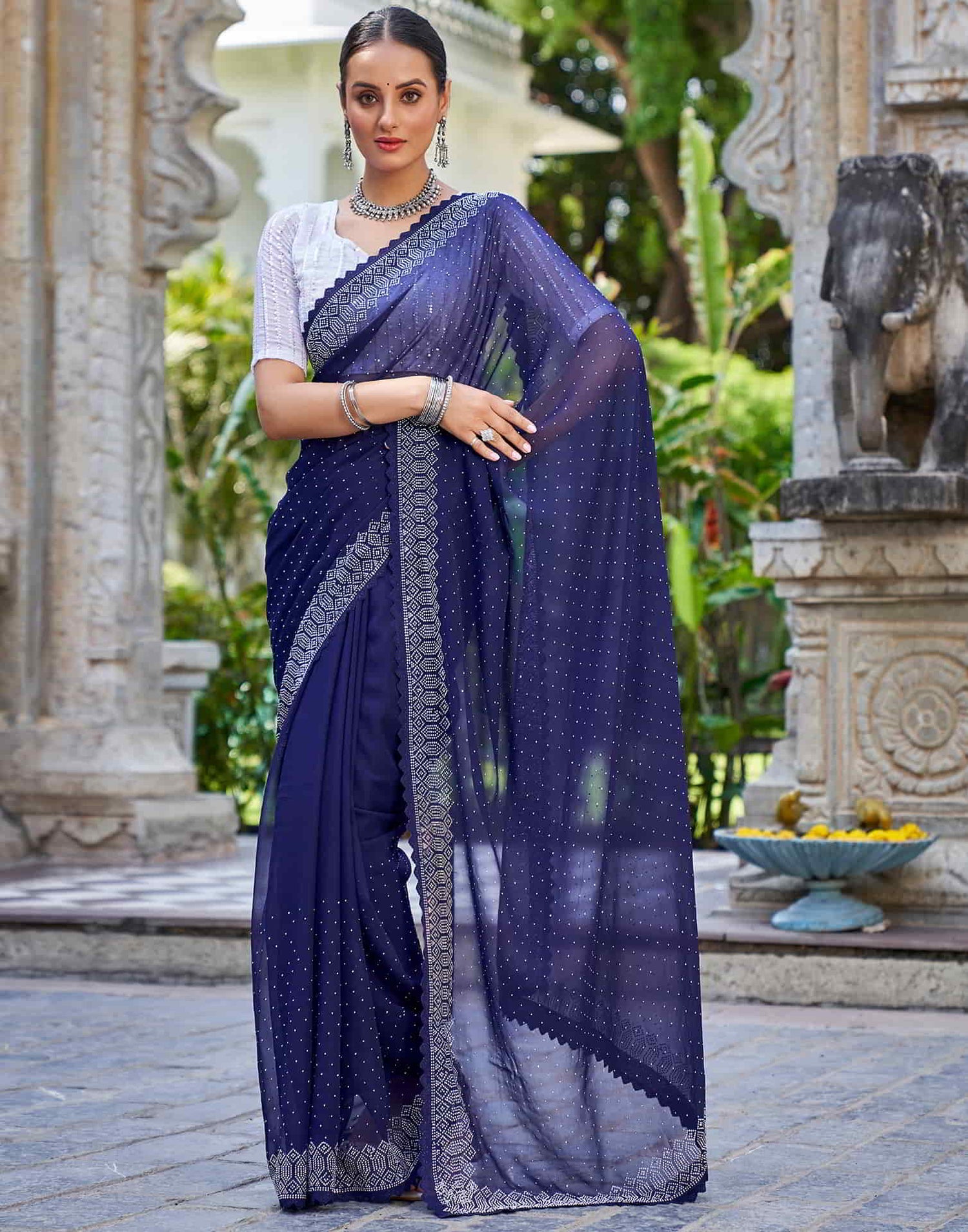 Blue Swarovski Georgette Stone Work Saree