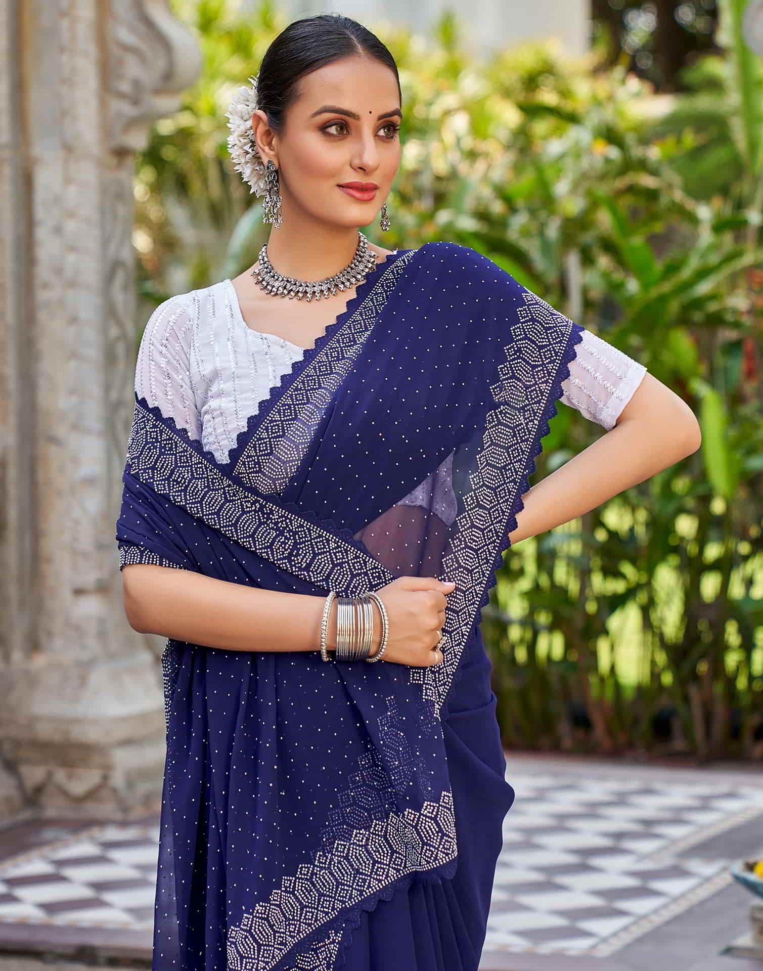 Blue Swarovski Georgette Stone Work Saree