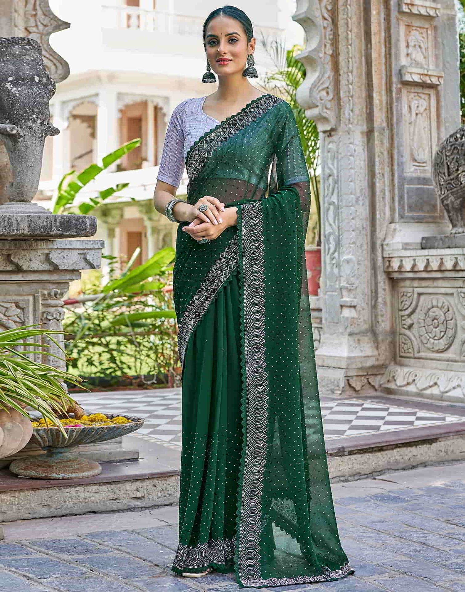 Green Swarovski Georgette Stone Work Saree