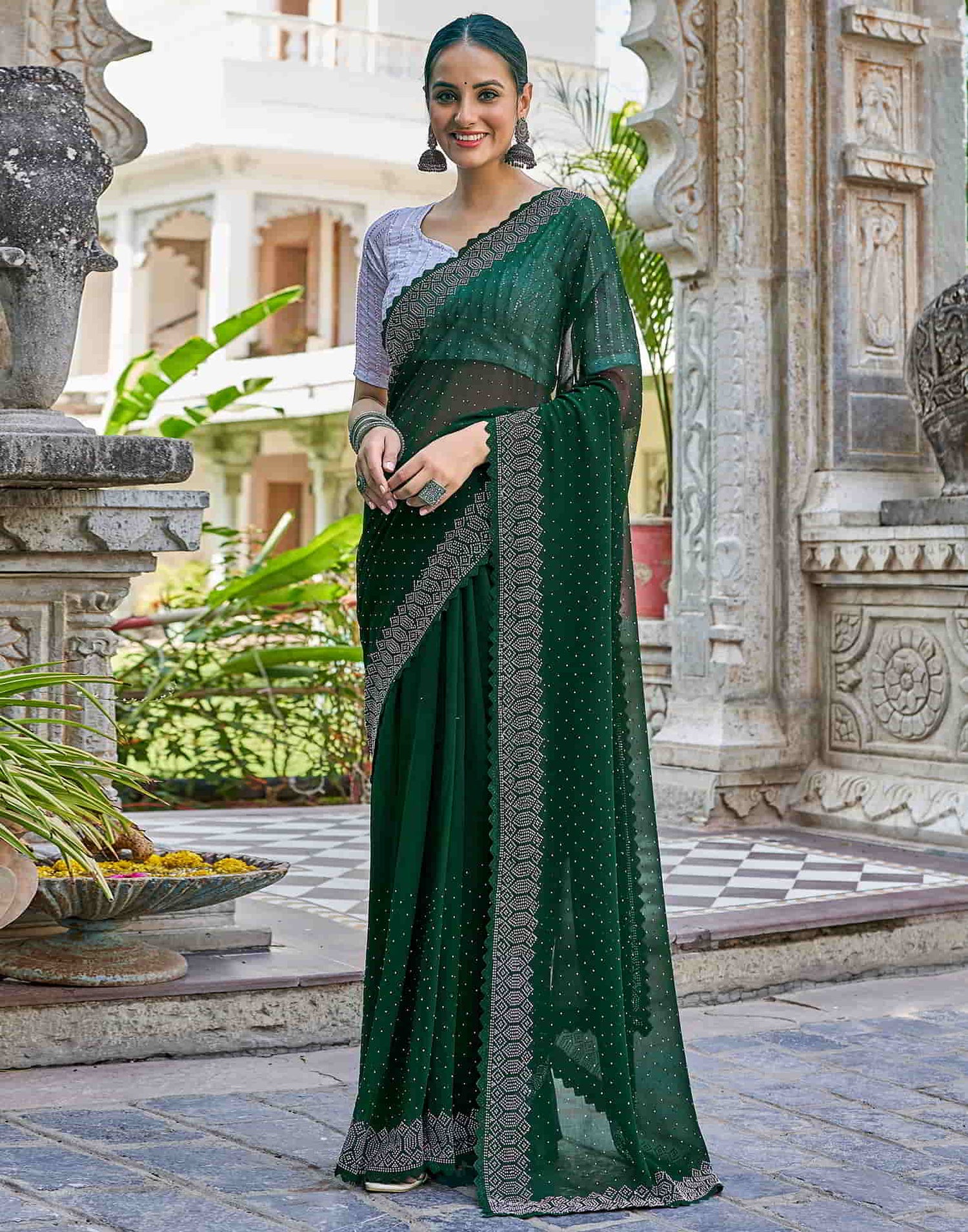 Green Swarovski Georgette Stone Work Saree