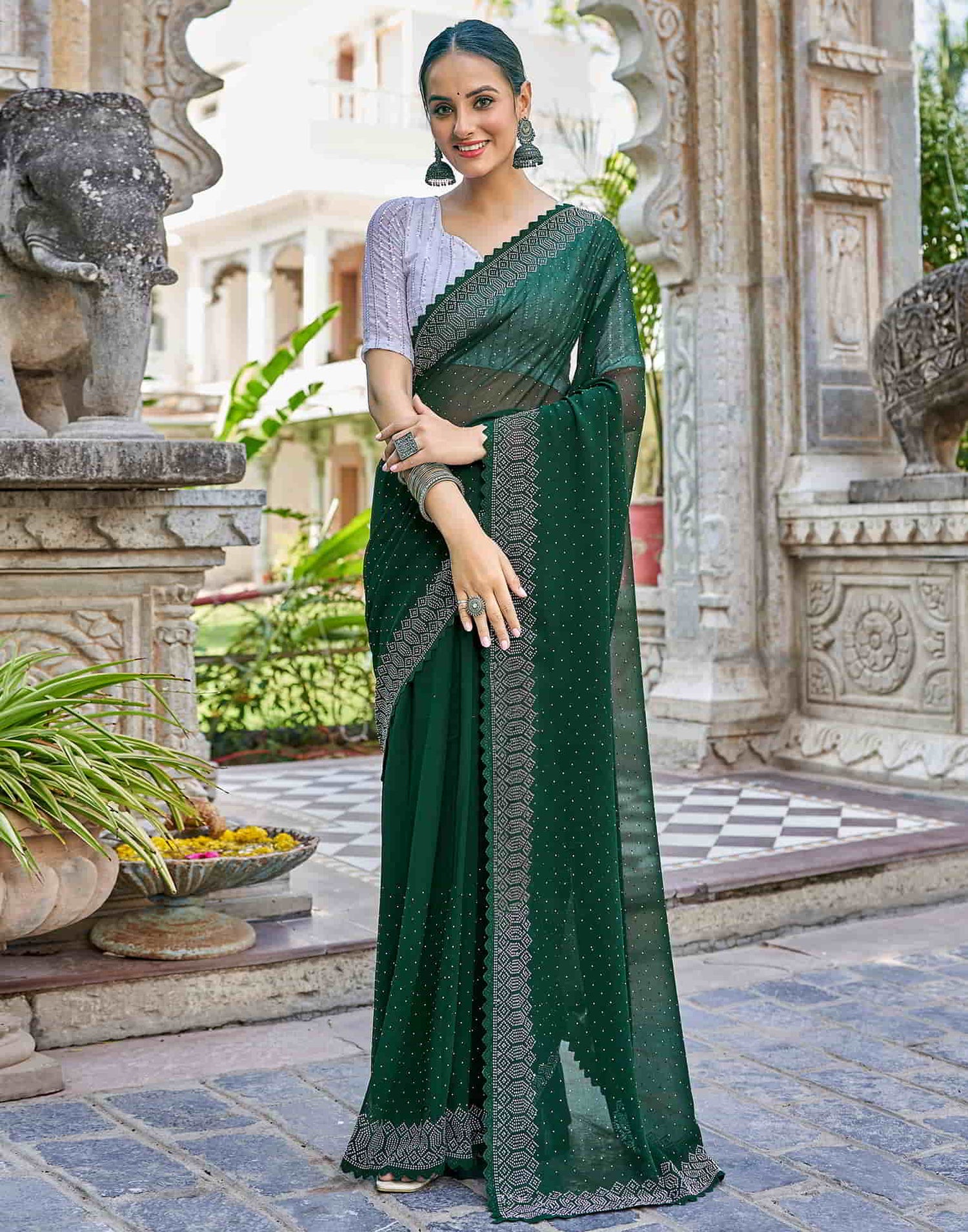 Green Swarovski Georgette Stone Work Saree