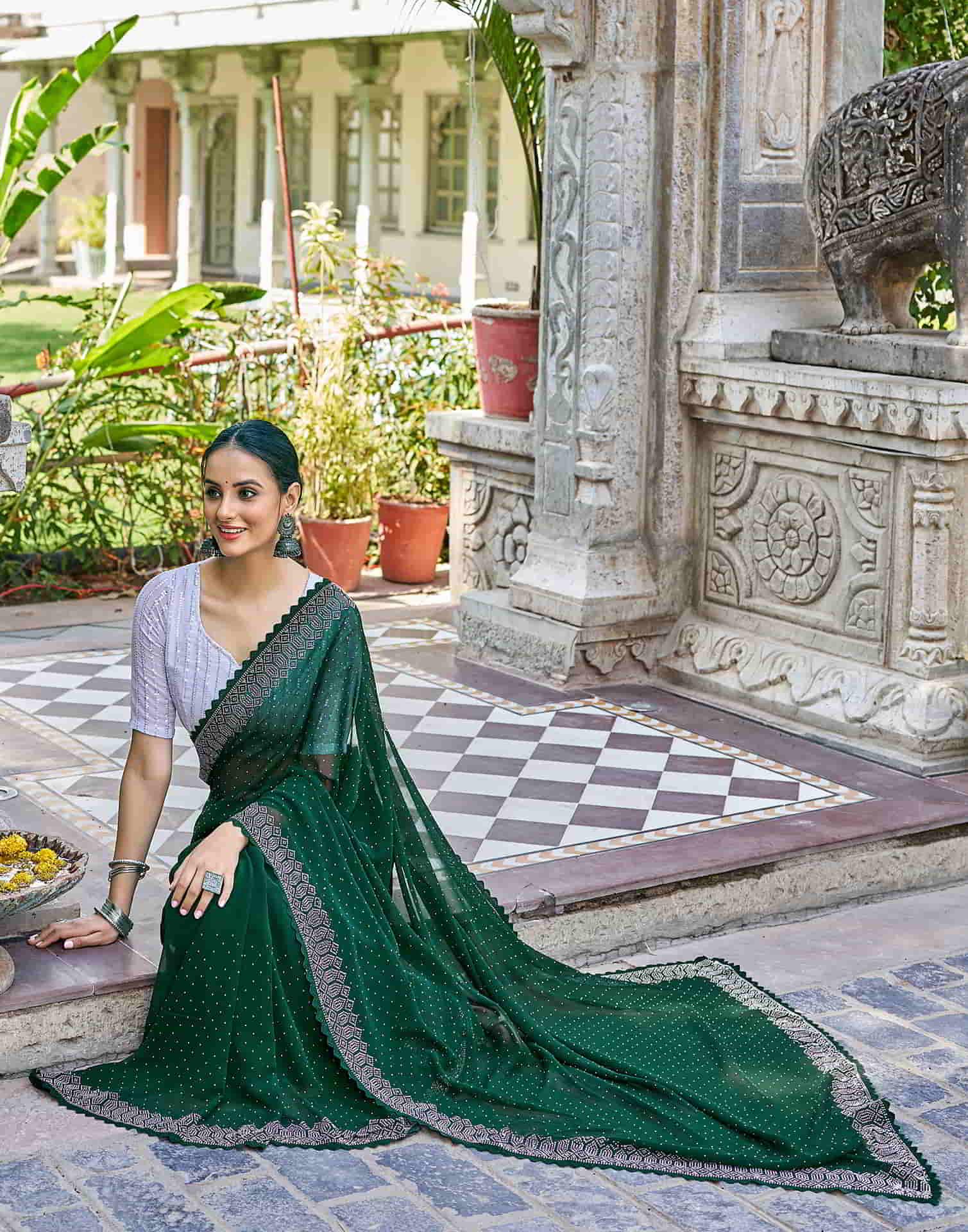 Green Swarovski Georgette Stone Work Saree