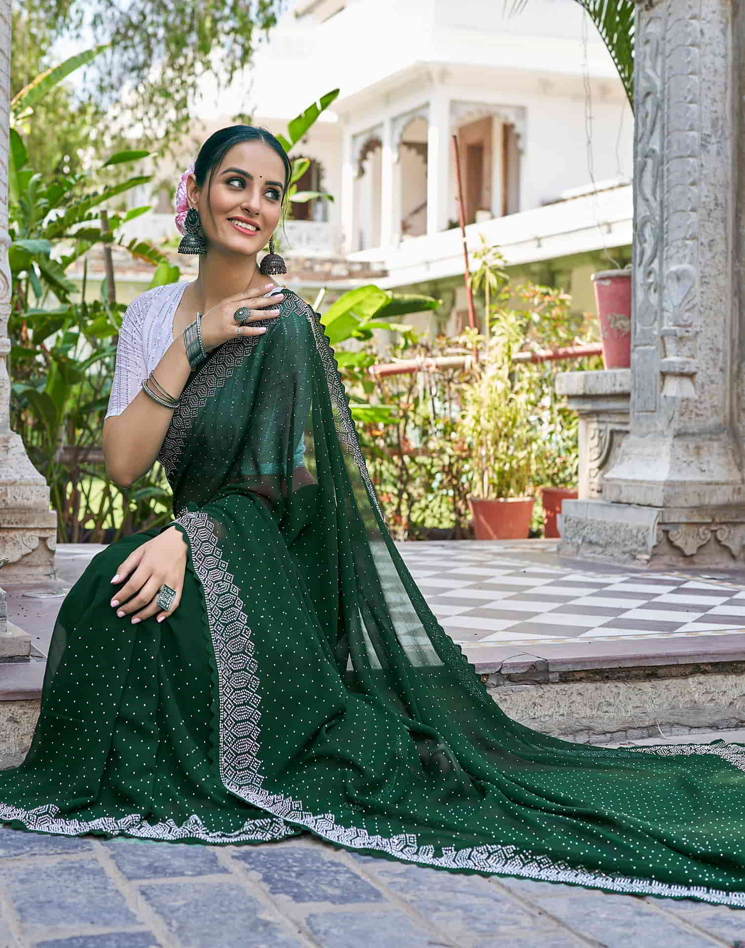 Green Swarovski Georgette Stone Work Saree