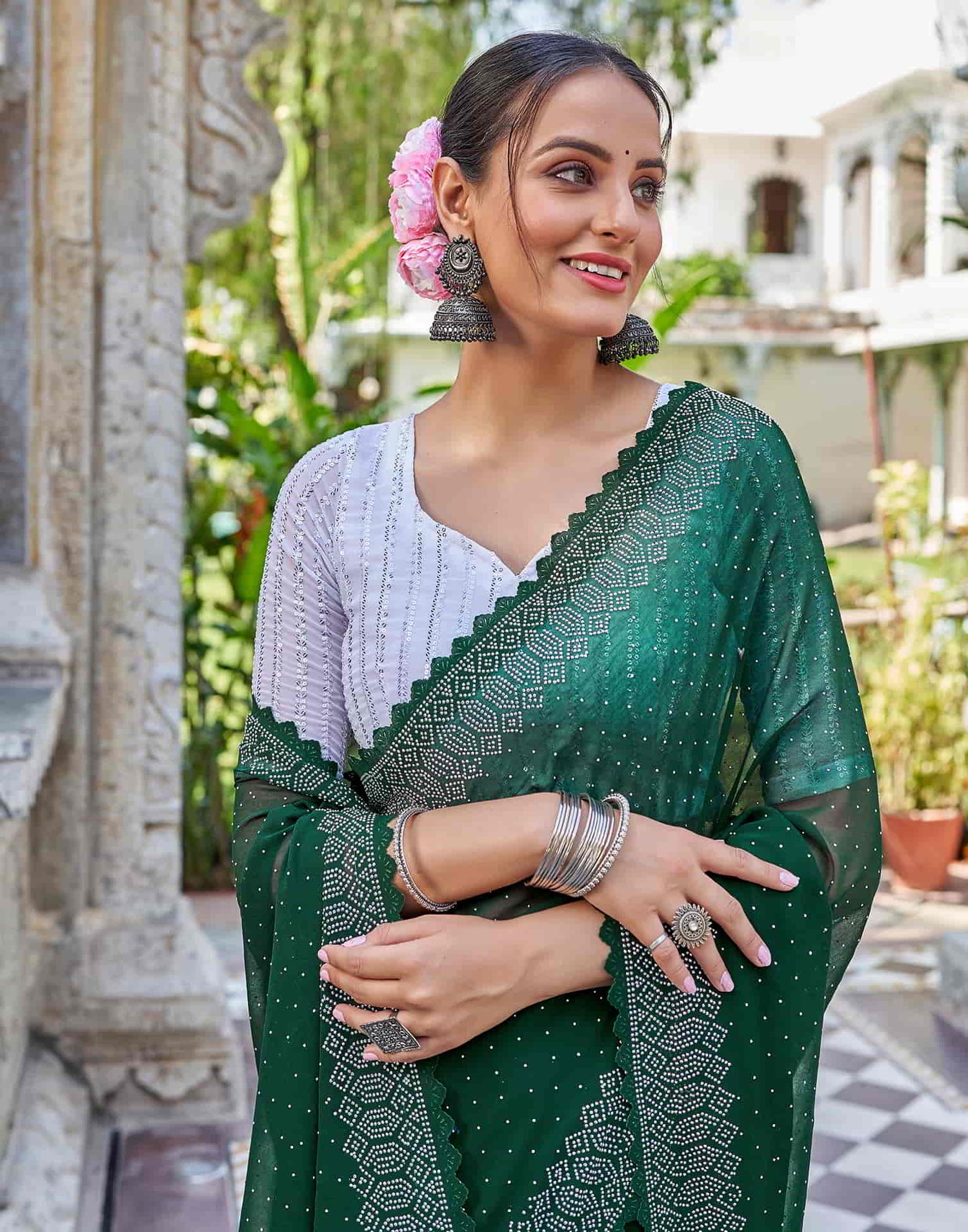 Green Swarovski Georgette Stone Work Saree