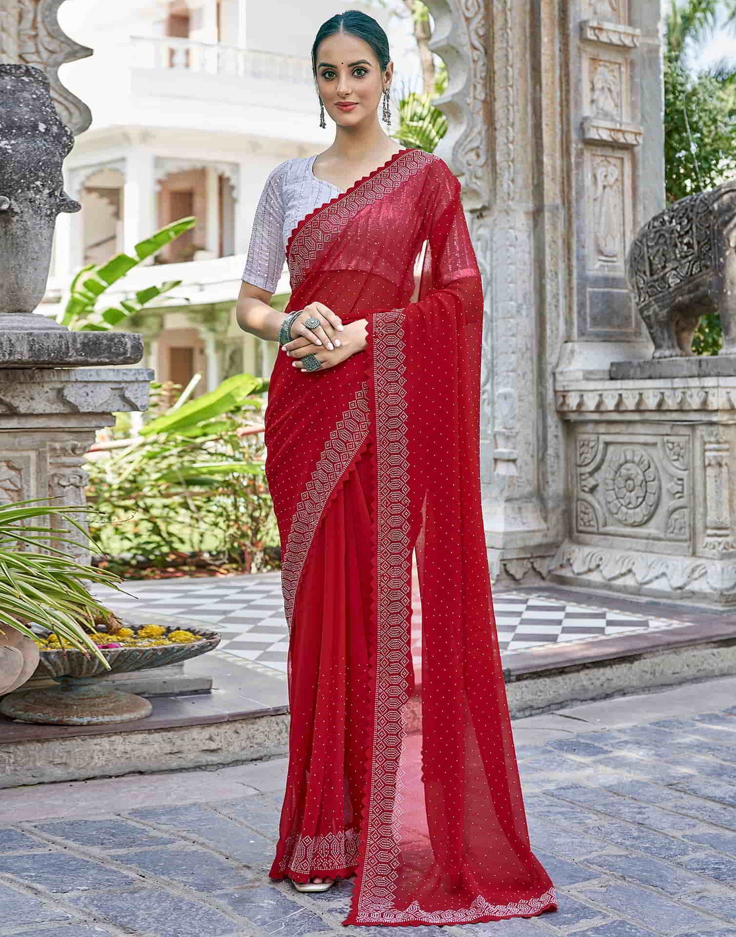 Red Swarovski Georgette Stone Work Saree